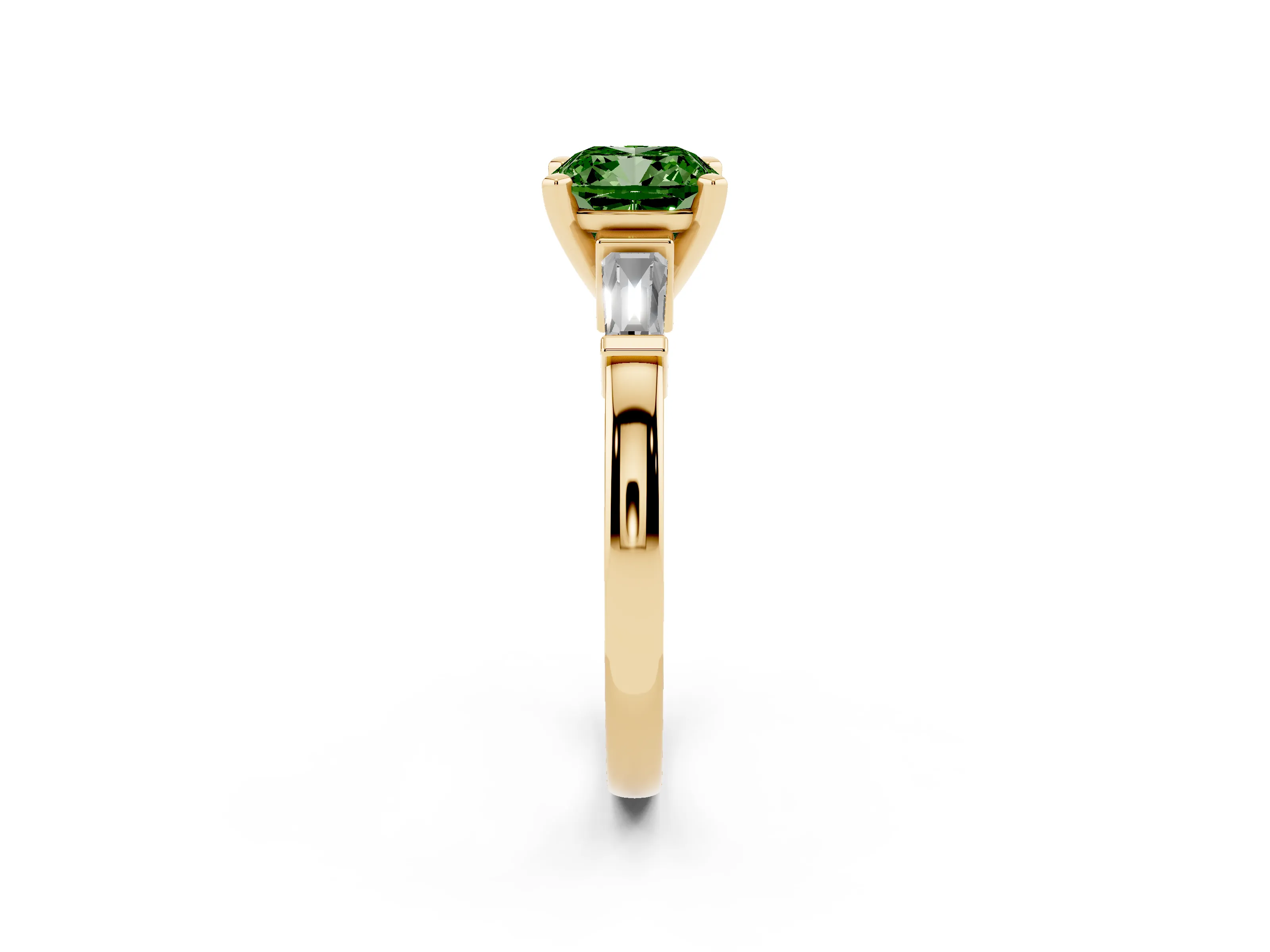 Fancy Green Cushion Cut Diamond Solitaire Ring Set in Yellow gold with Tapered Baguette Accents and Prong Setting