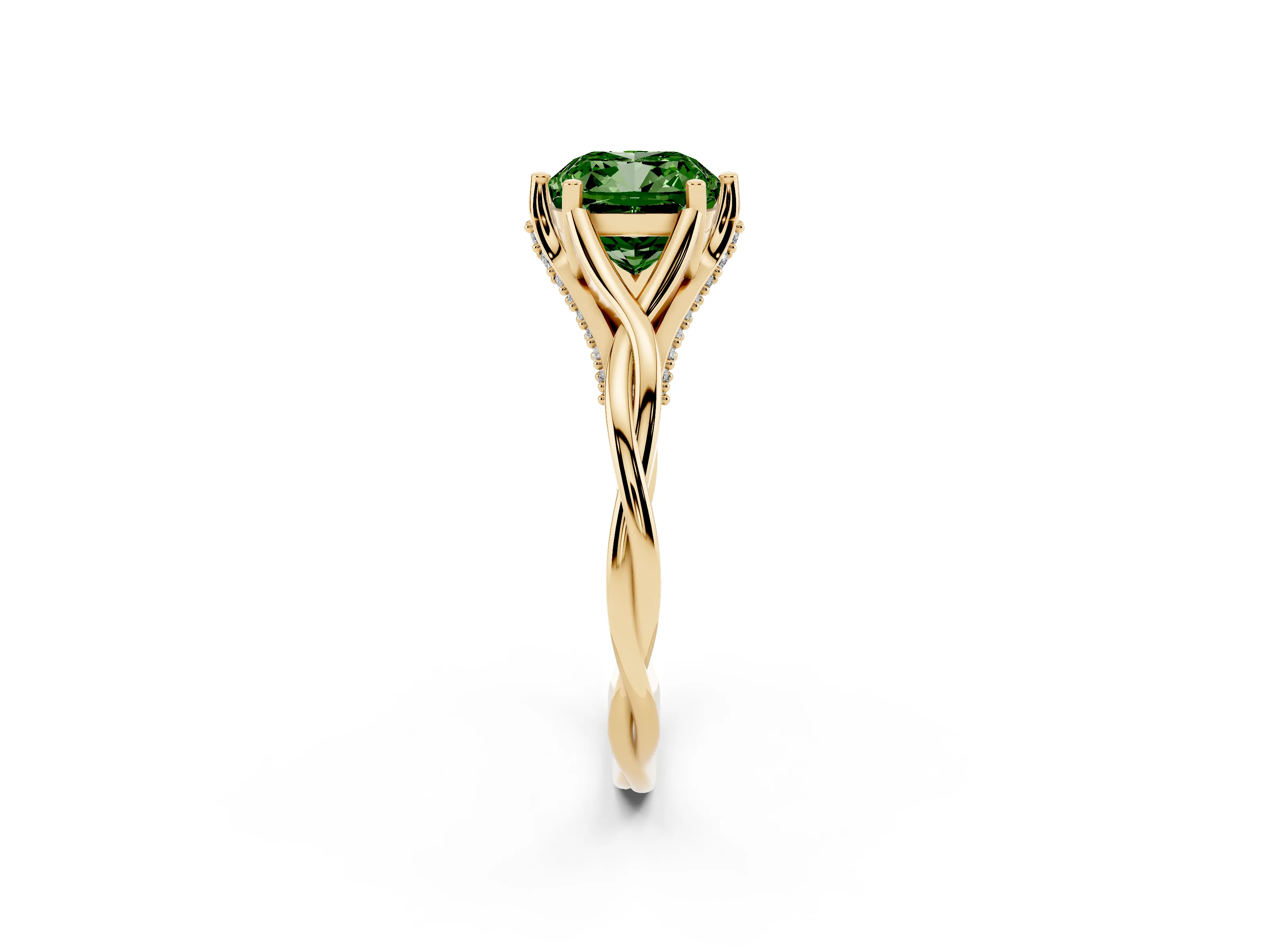 Fancy Green Cushion Cut Diamond Intertwined Twist Band Solitaire Ring Set in Yellow gold with Prong Setting
