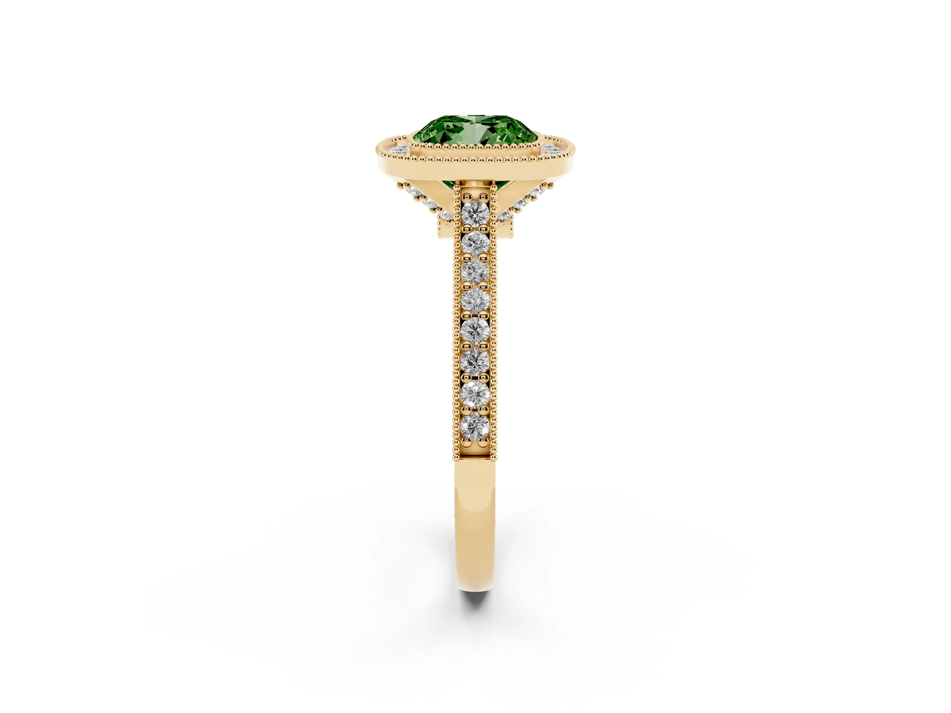 Fancy Green Cushion Cut Diamond Halo Milgrain Pavé Band Ring Set in Yellow gold with Prong Setting