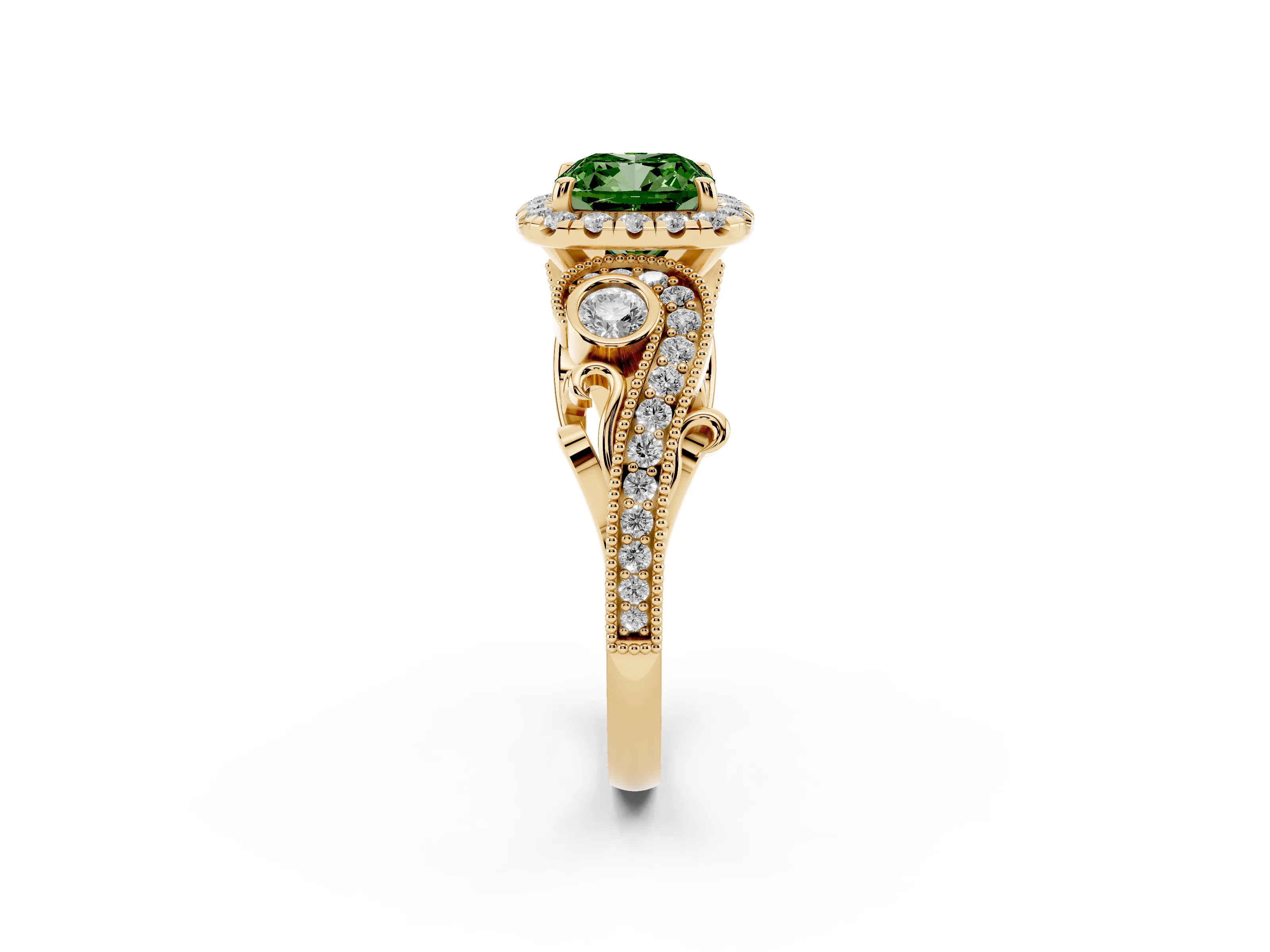 Fancy Green Cushion Cut Diamond Halo Ring Set in Yellow gold with Milgrain Pavé Band and Prong Setting