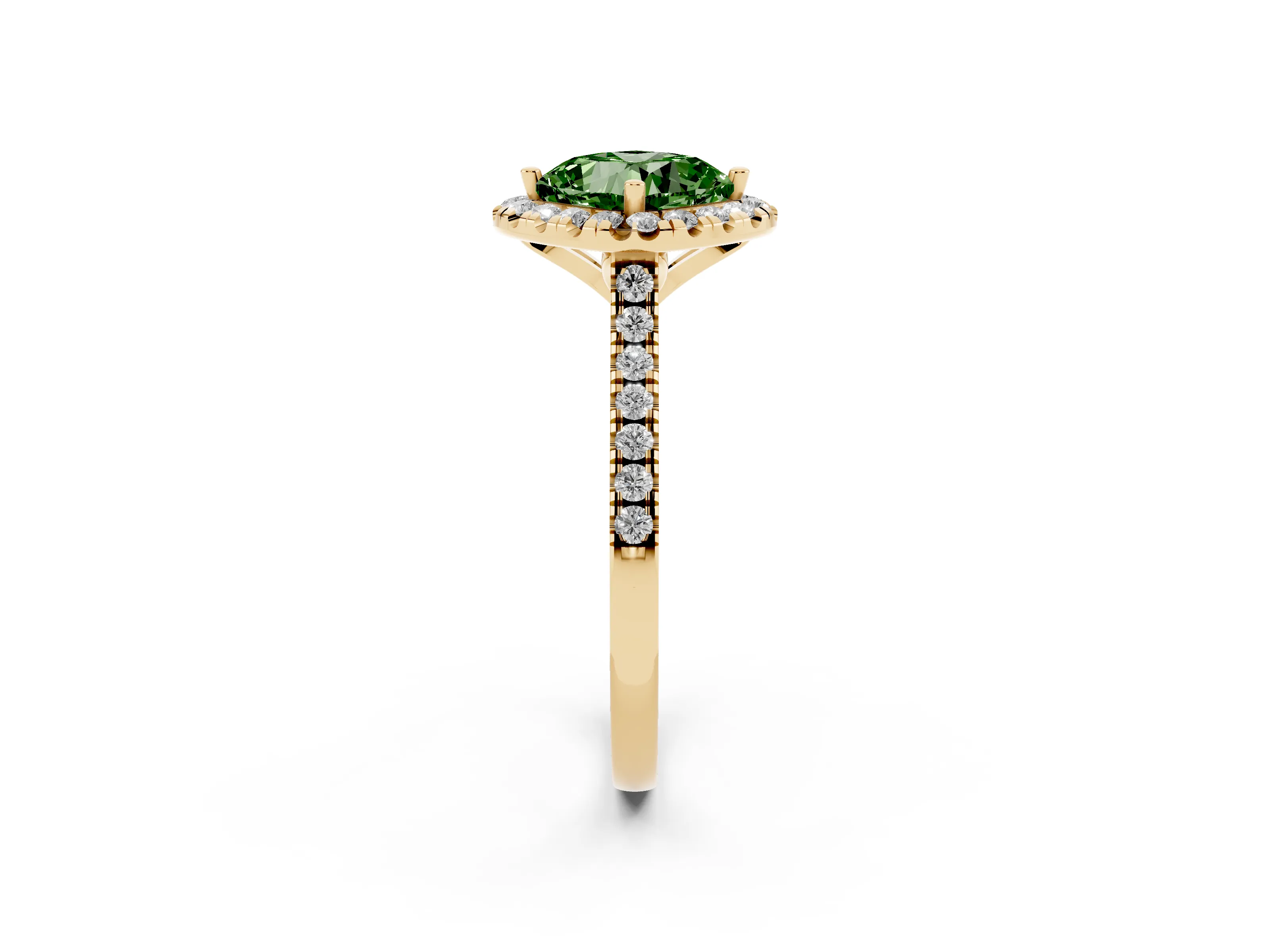 Fancy Green Cushion Cut Diamond Cushion Halo Ring Set in Yellow gold with Pavé Band