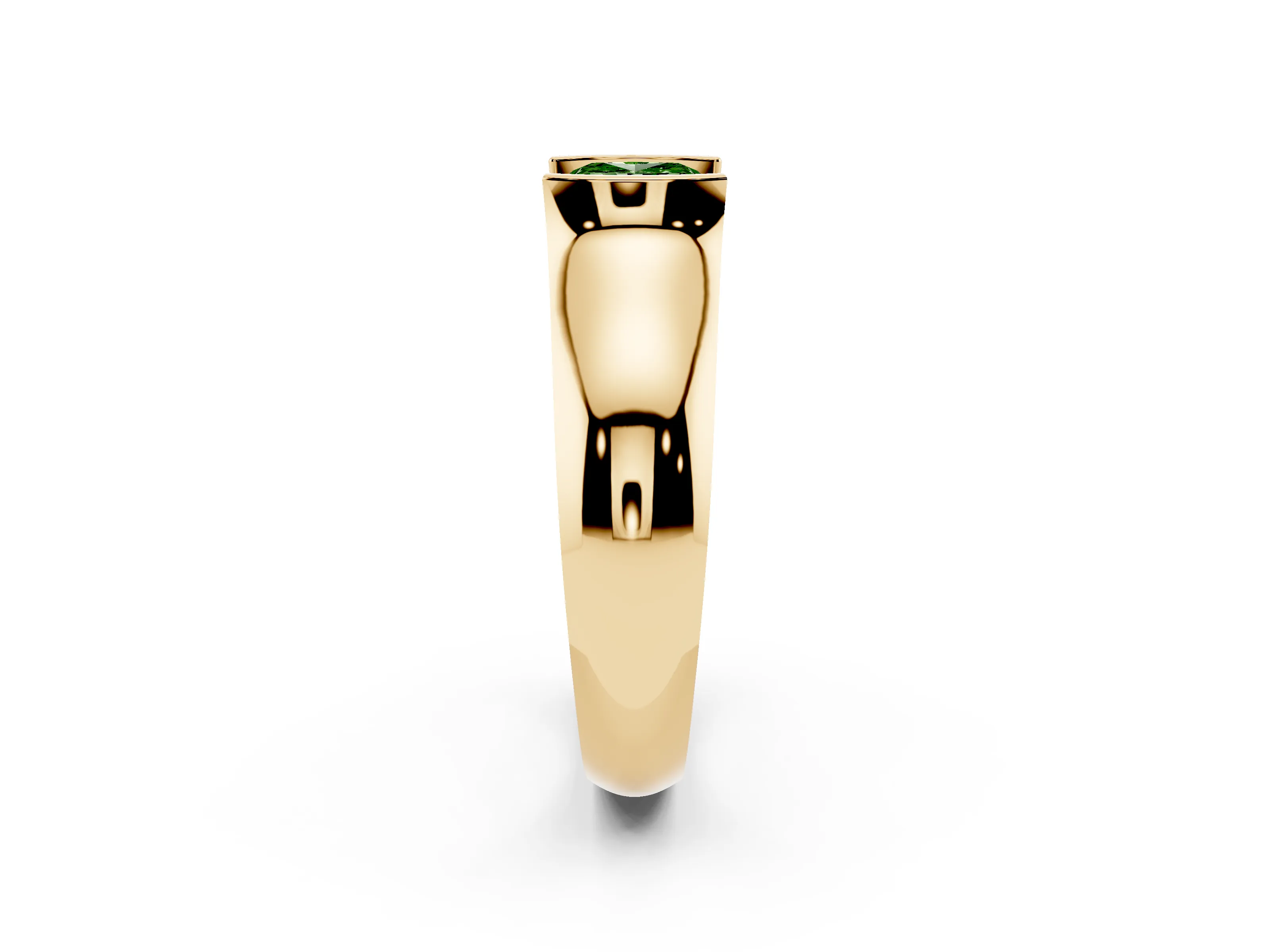 Fancy Green Cushion Cut Diamond Bezel Solitaire Ring Set in Yellow gold with Wide Band