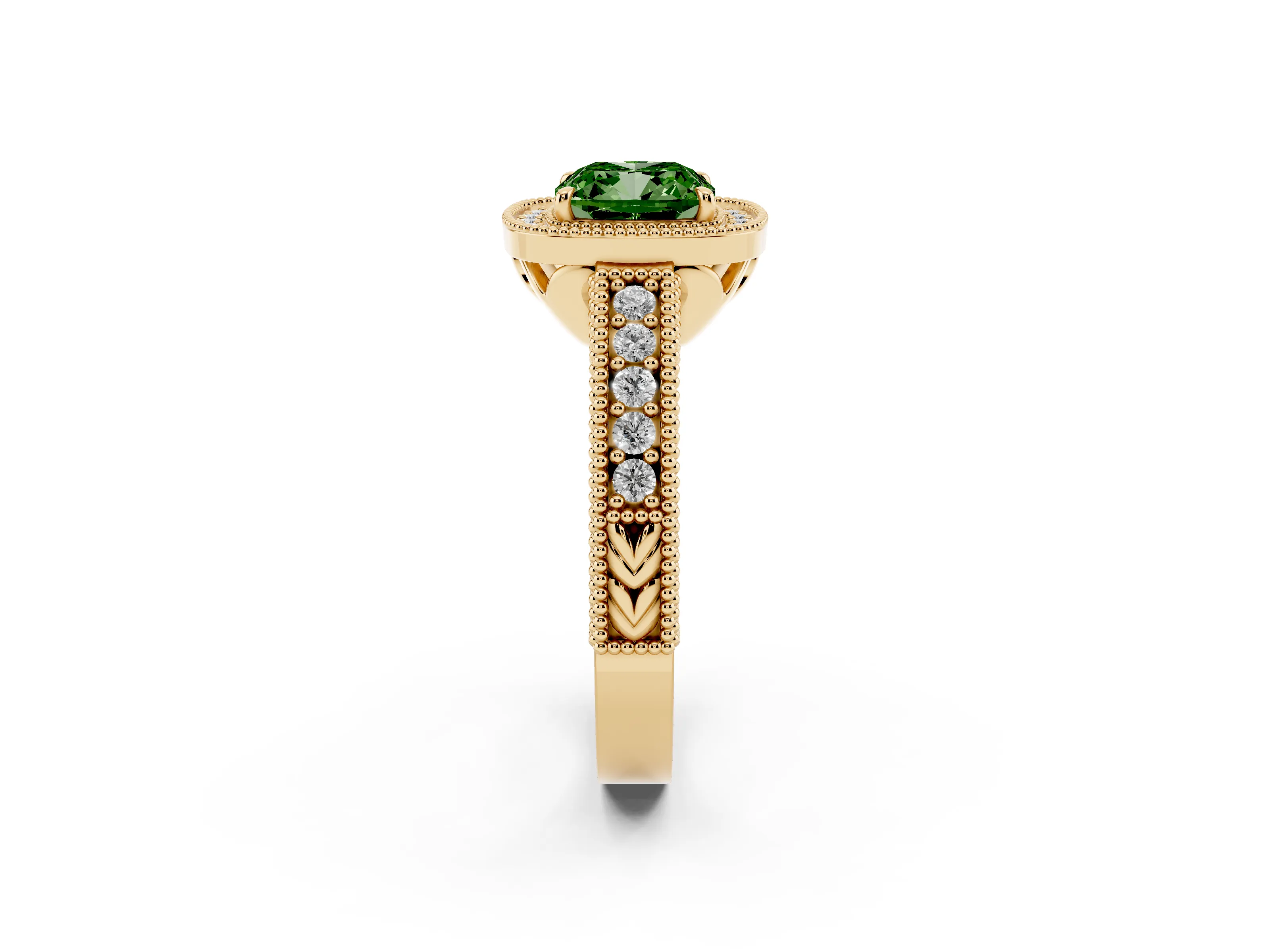 Fancy Green Cushion Cut Diamond Halo Ring Set in Yellow gold with Round Accent Halo, Pavé Band and Prong Setting