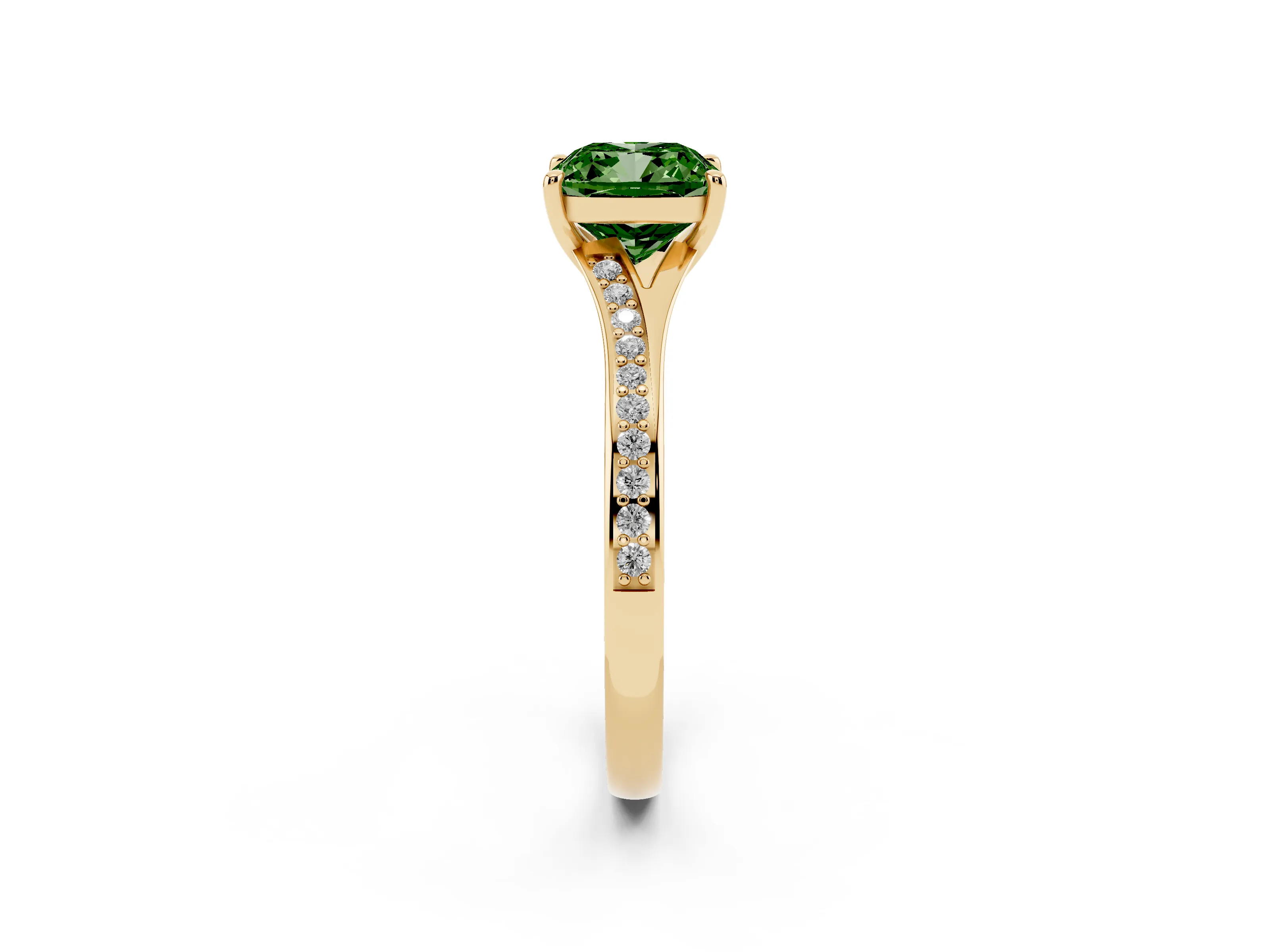 Fancy Green Cushion Cut Diamond Solitaire Ring Set in Yellow gold with Pavé Accent Band and Classic Prong Setting