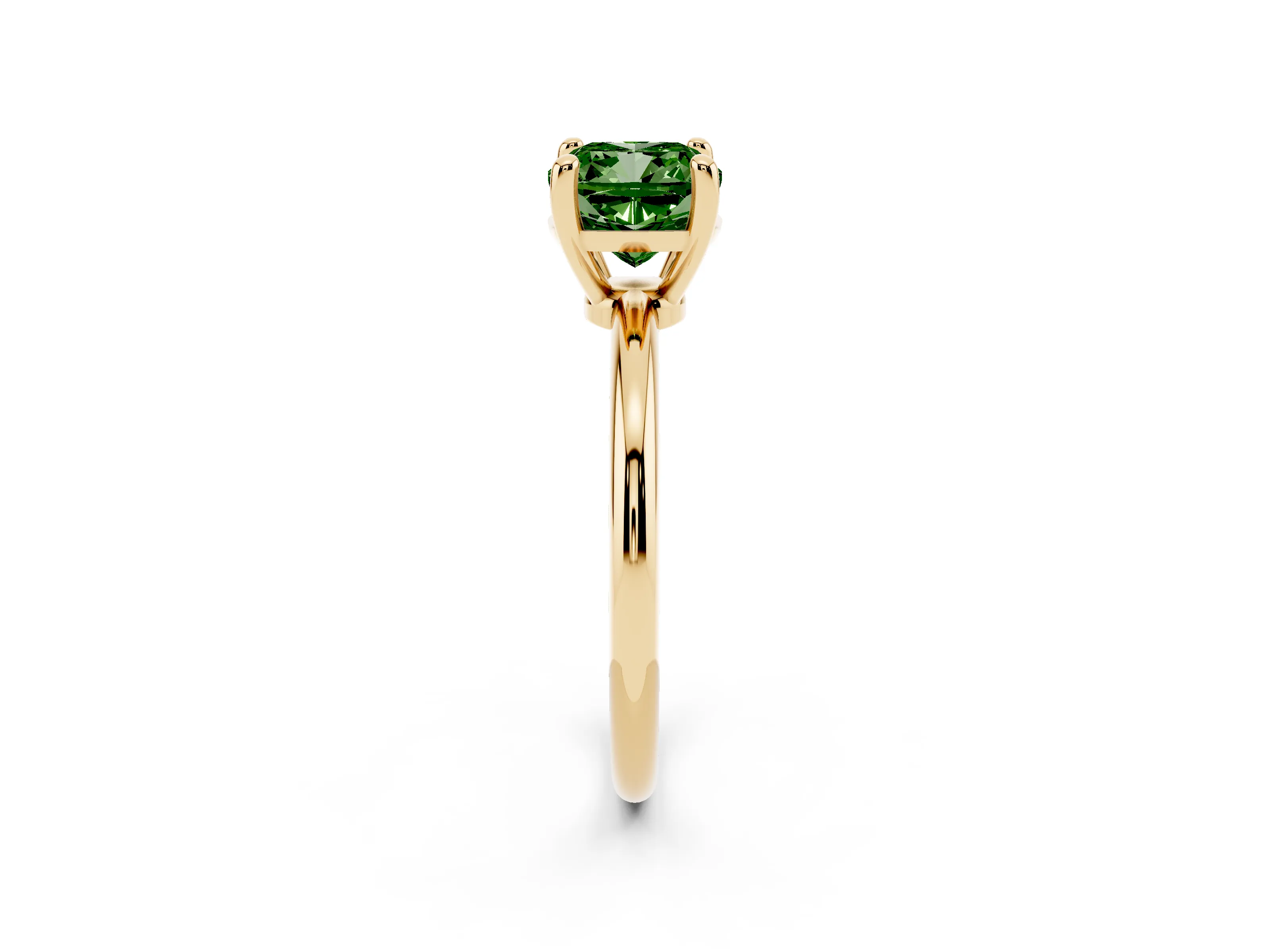 Fancy Green Cushion Cut Diamond Solitaire Ring Set in Yellow gold with Secure Prong Setting on a Classic Band