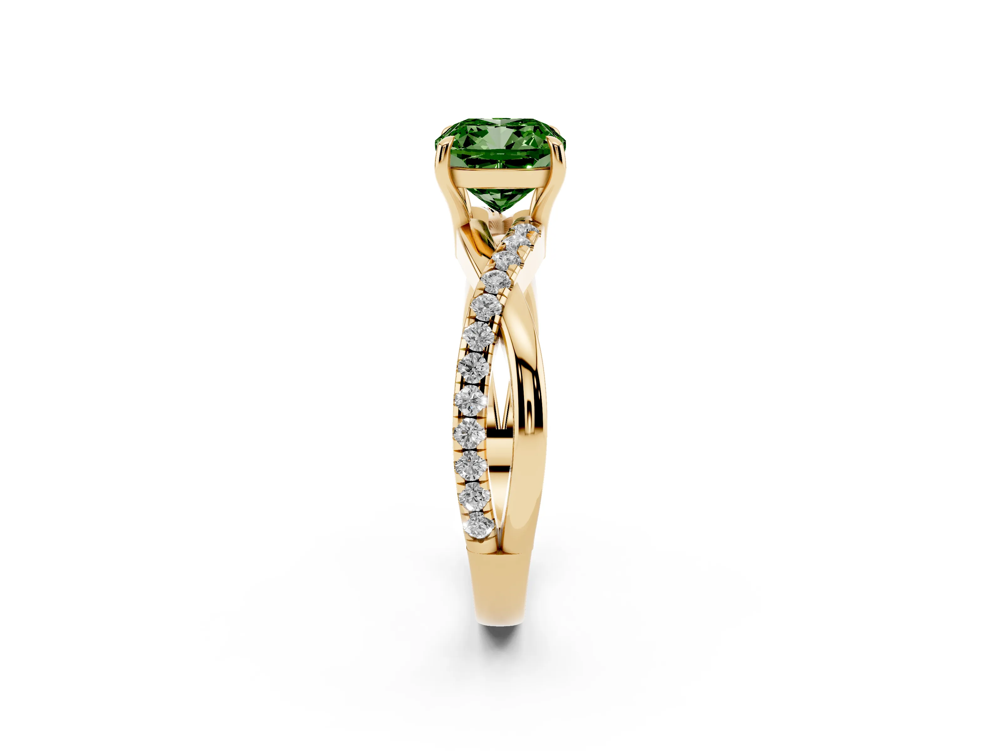 Fancy Green Cushion Cut Diamond Twisted Pavé Band Ring Set in Yellow gold with Prong Setting