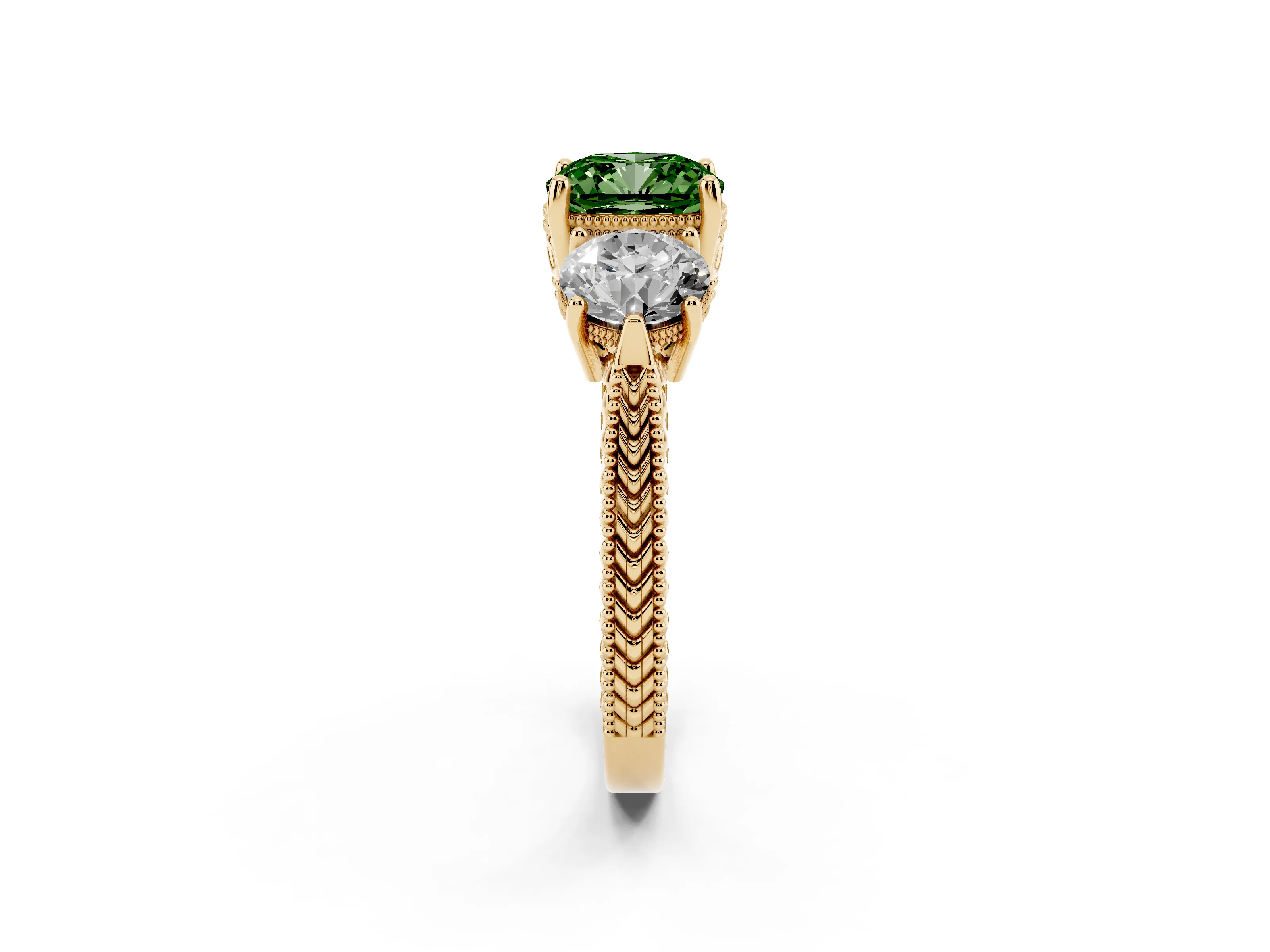 Fancy Green Cushion Cut Diamond Three-Stone Ring Set in Yellow gold with Milgrain Band