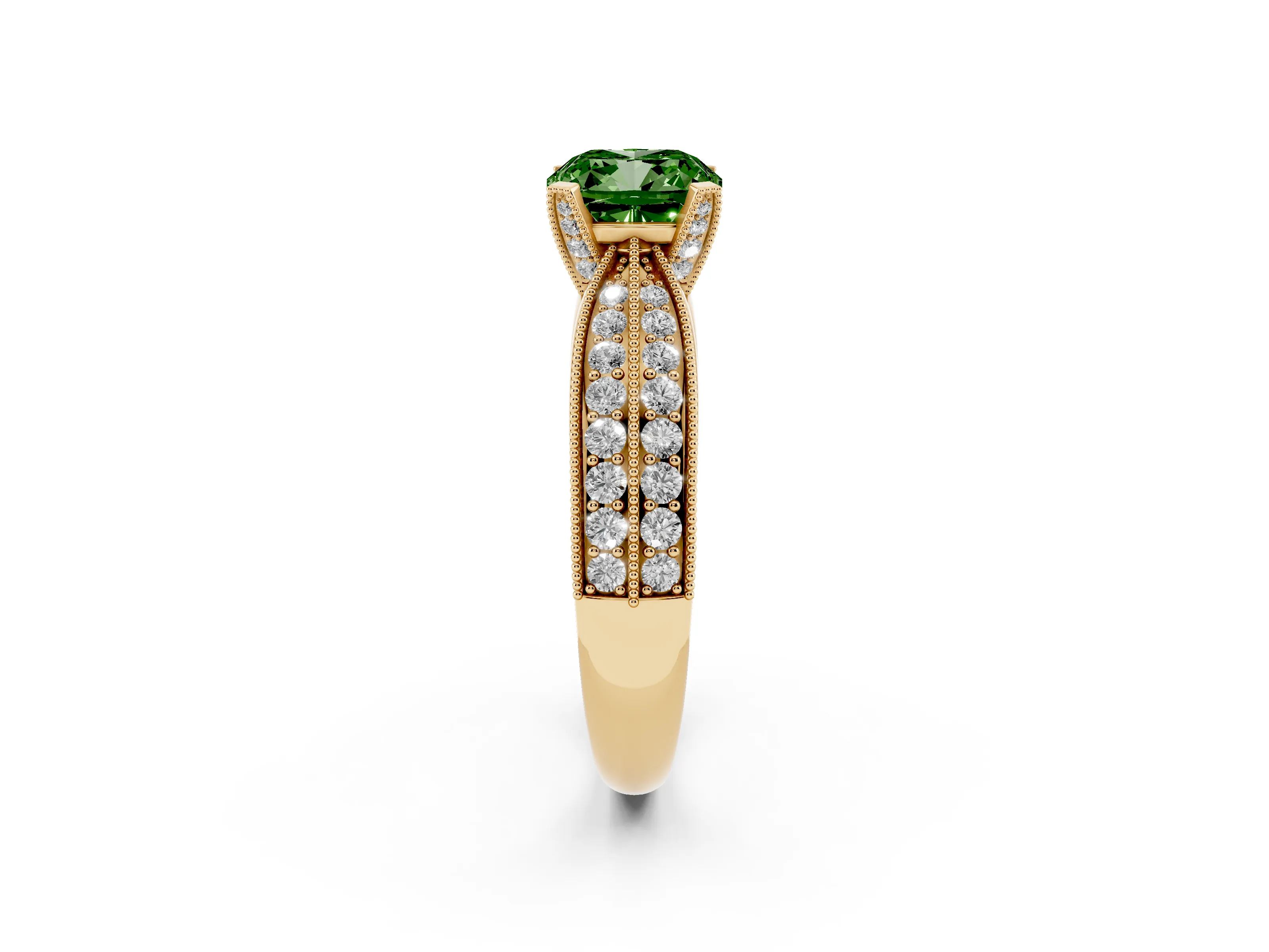 Fancy Green Cushion Cut Diamond Solitaire Ring Set in Yellow gold with Milgrain Double Row Round Pavé Band