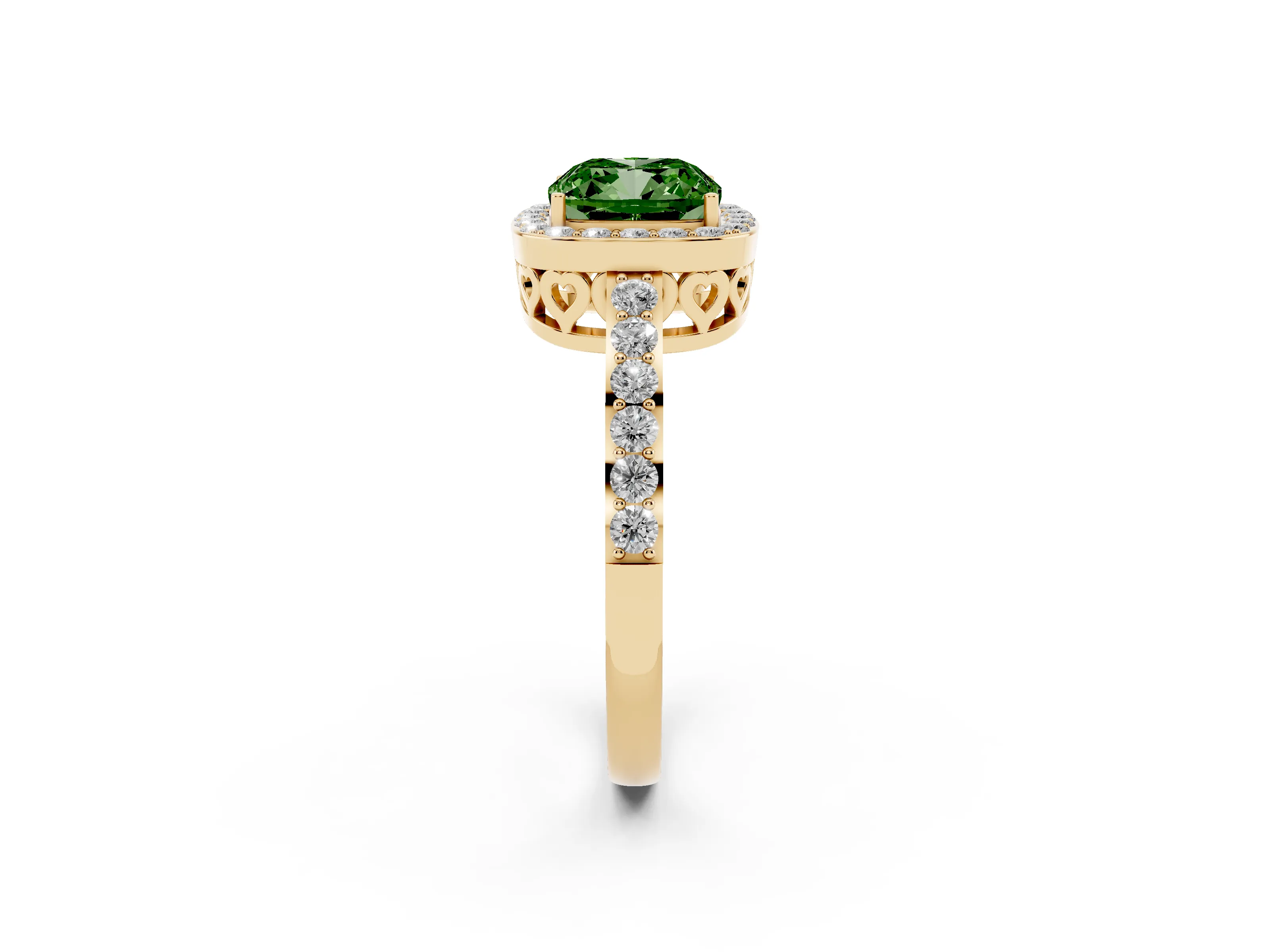 Fancy Green Cushion Cut Diamond Halo Ring Set in Yellow gold with Pavé-Setting Band and Open Prong Center
