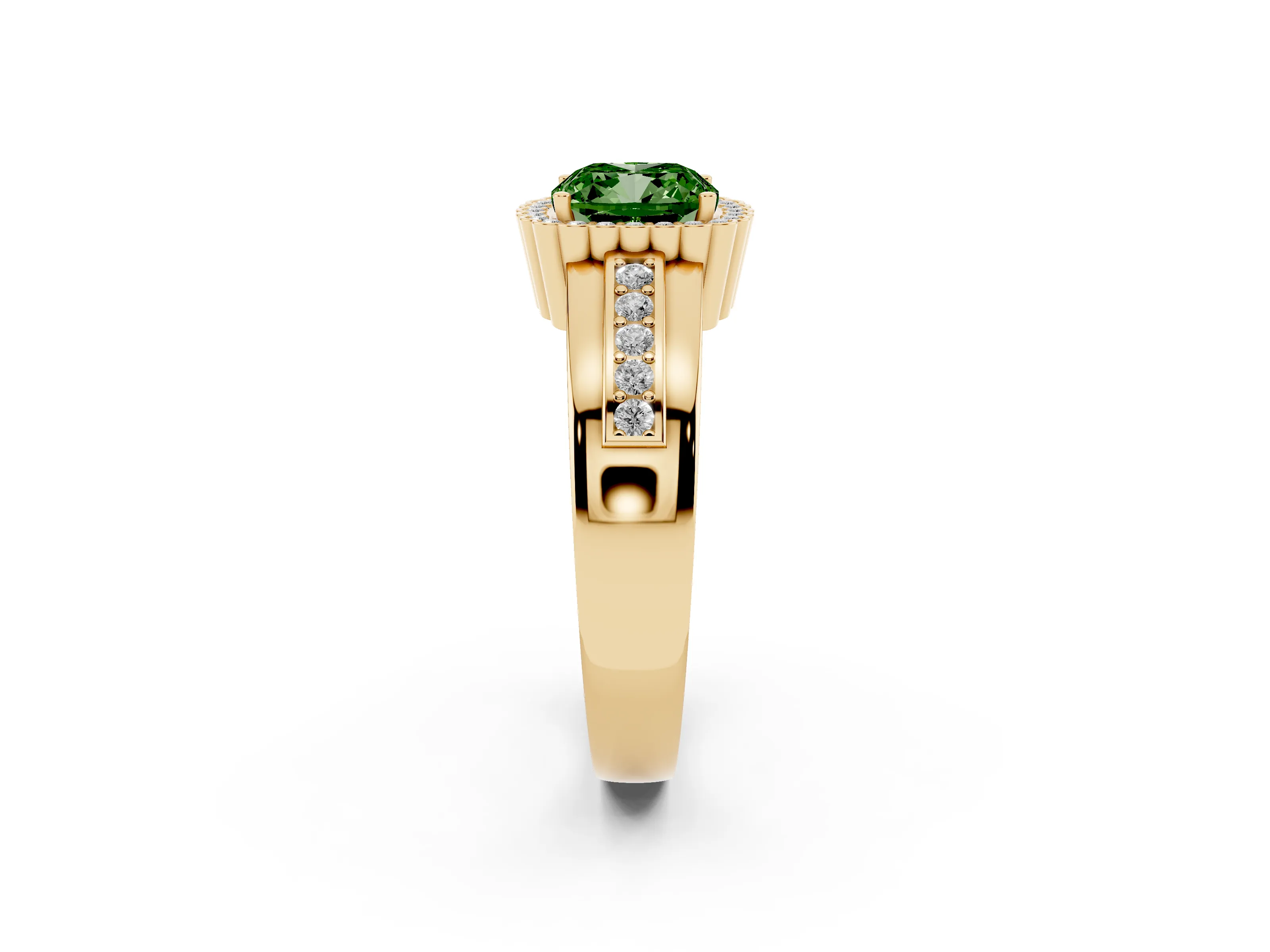 Fancy Green Cushion Cut Diamond Halo Prong Ring Set in Yellow gold with Pavé Band