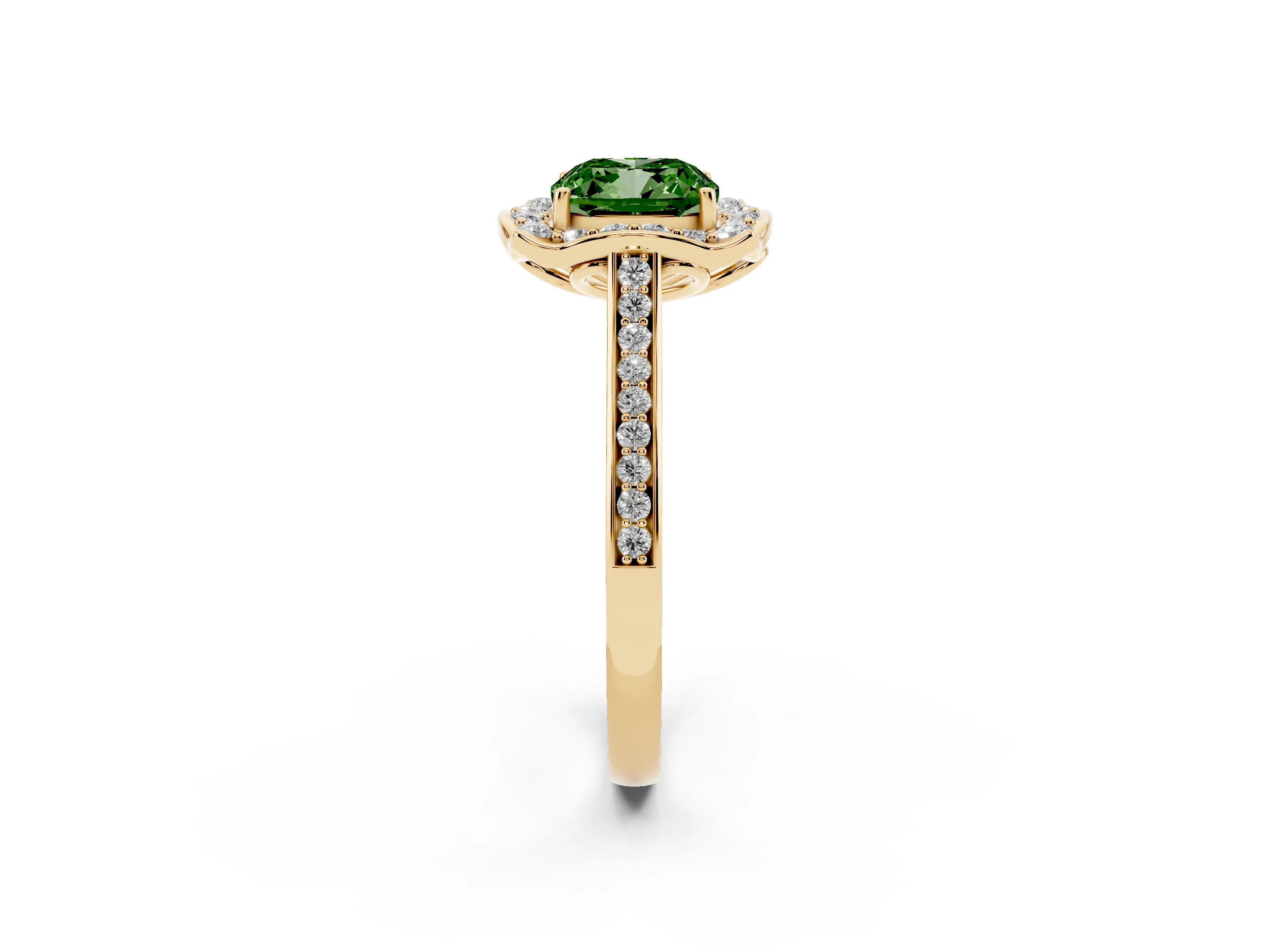 Fancy Green Cushion Cut Diamond Halo Ring Set in Yellow gold with Pavé-Lined Shoulders and Prong Setting