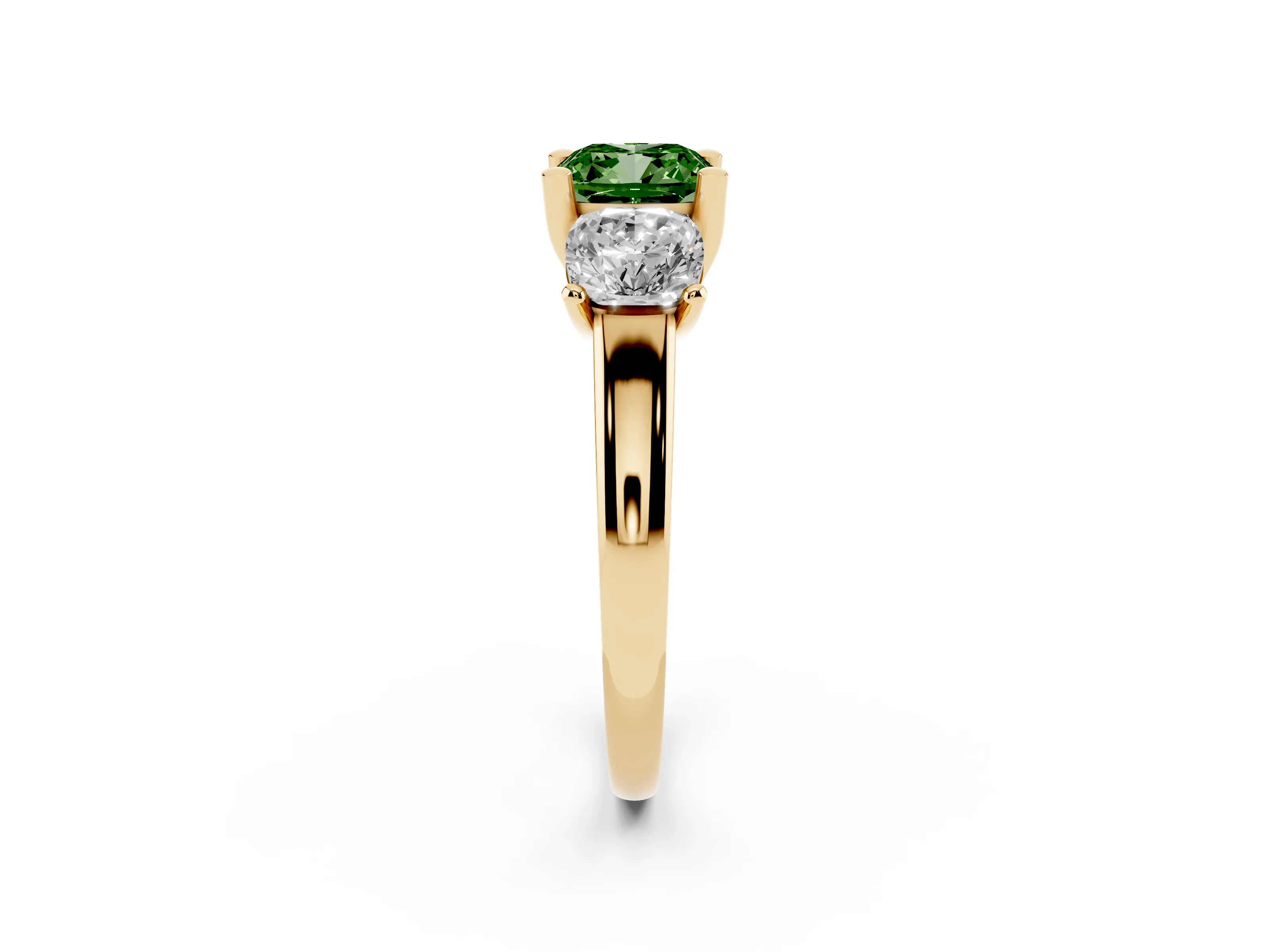 Fancy Green Cushion Cut Diamond Three-Stone Ring Set in Yellow gold with Classic Prong Setting and Plain Band