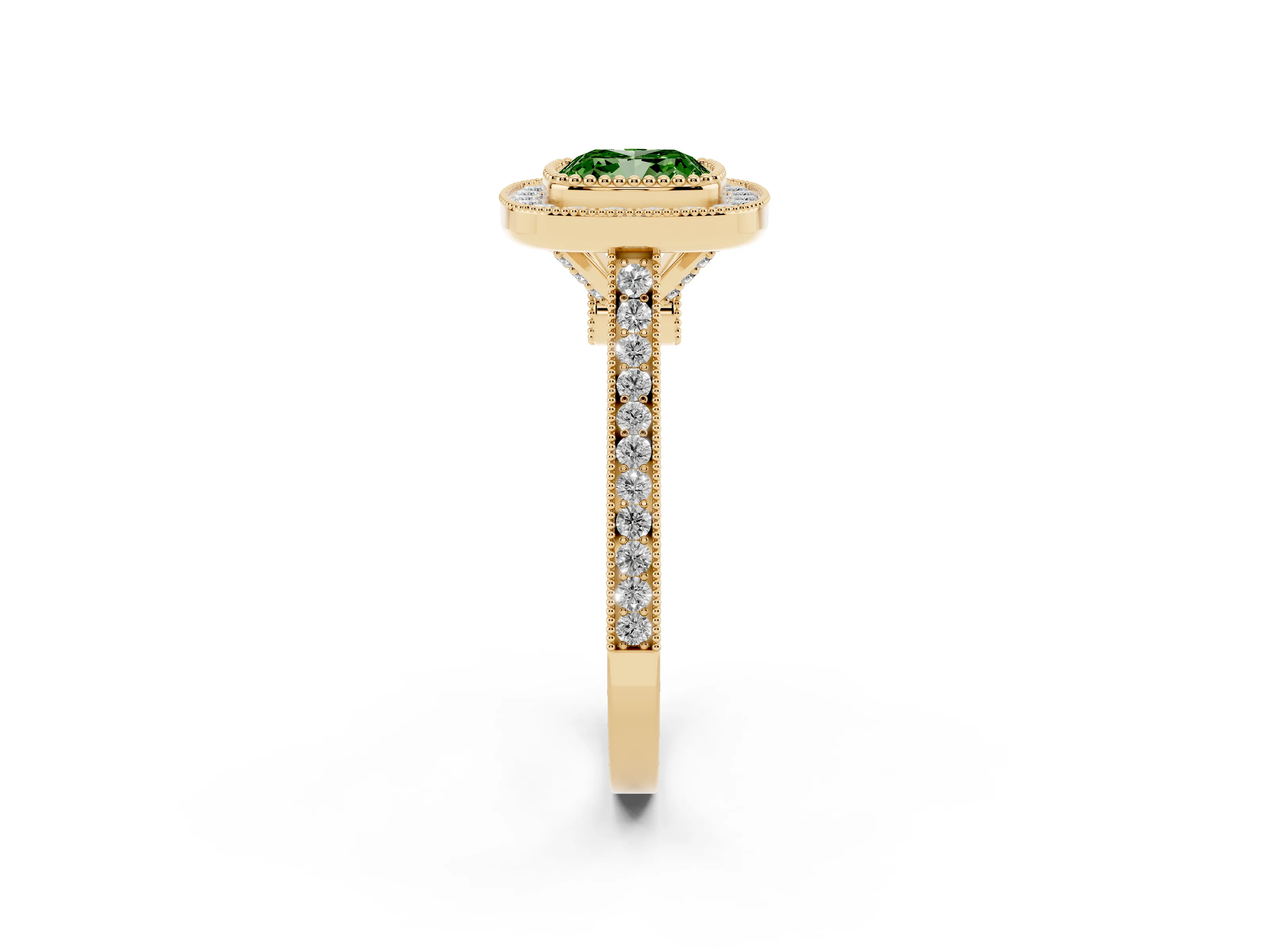 Fancy Green Cushion Cut Diamond Halo Ring Set in Yellow gold with Milgrain Frame and Pavé Band