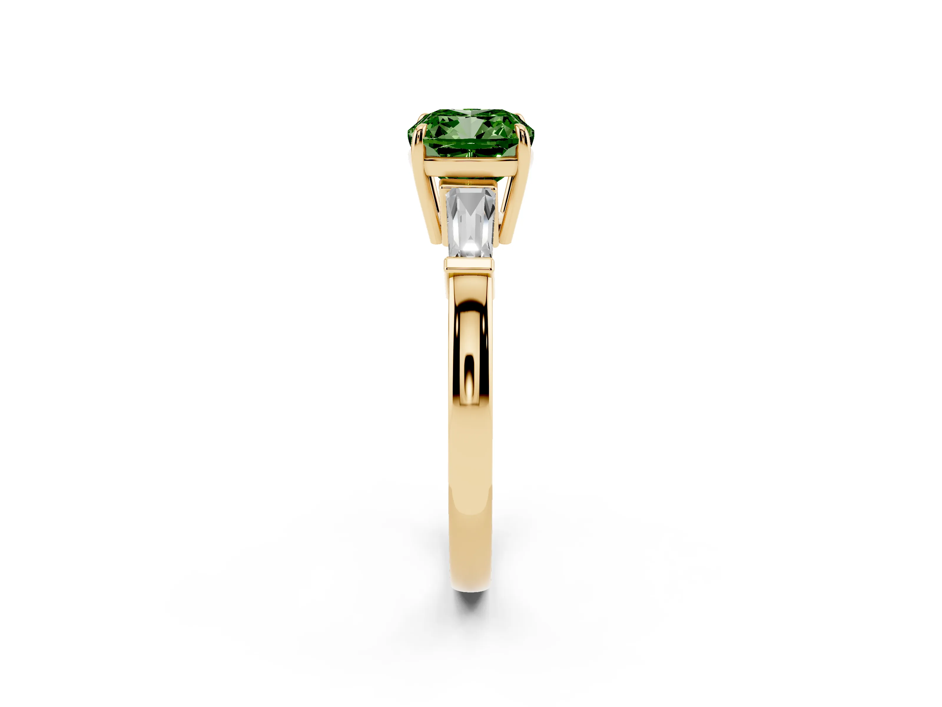 Fancy Green Cushion Cut Diamond Three-Stone Ring Set in Yellow gold with Tapered Baguette Side Stones and Prong Setting