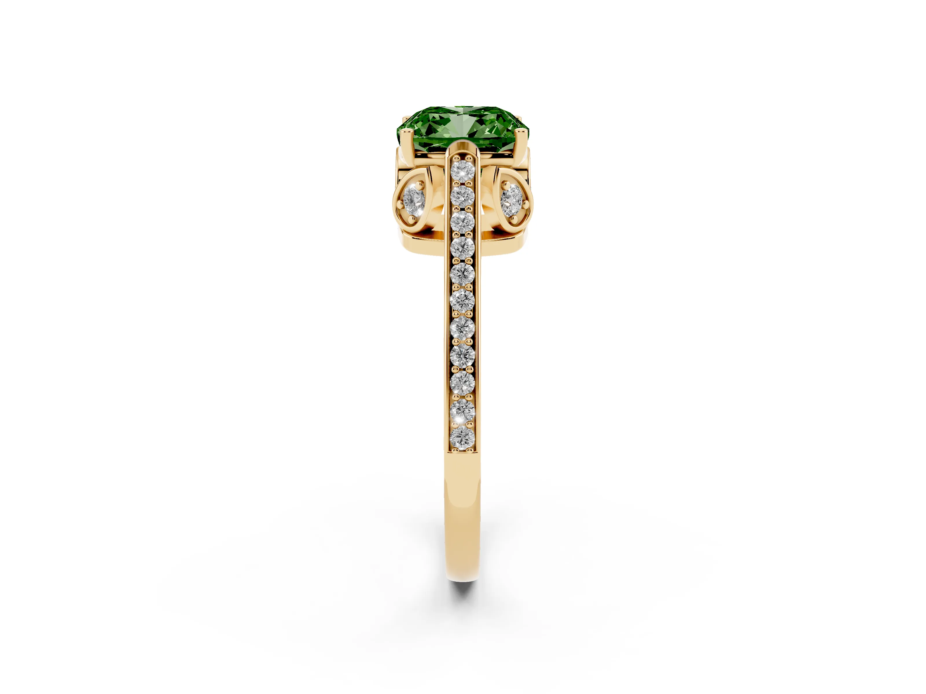 Fancy Green Cushion Cut Diamond Cathedral Pavé Engagement Ring Set in Yellow gold with Prong Setting