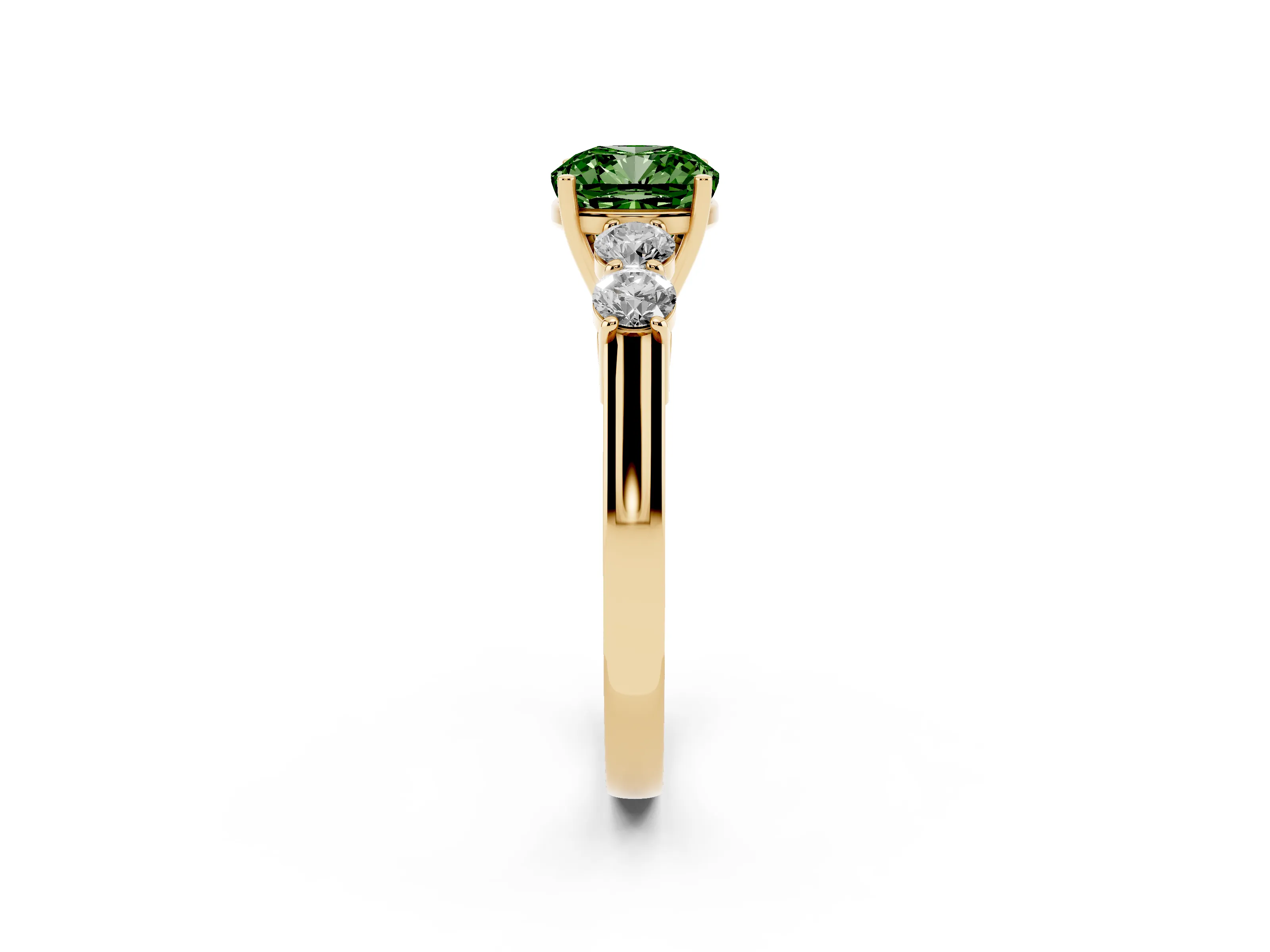 Fancy Green Cushion Cut Diamond Five-Stone Prong Set Band Ring Set in Yellow gold with Polished Band