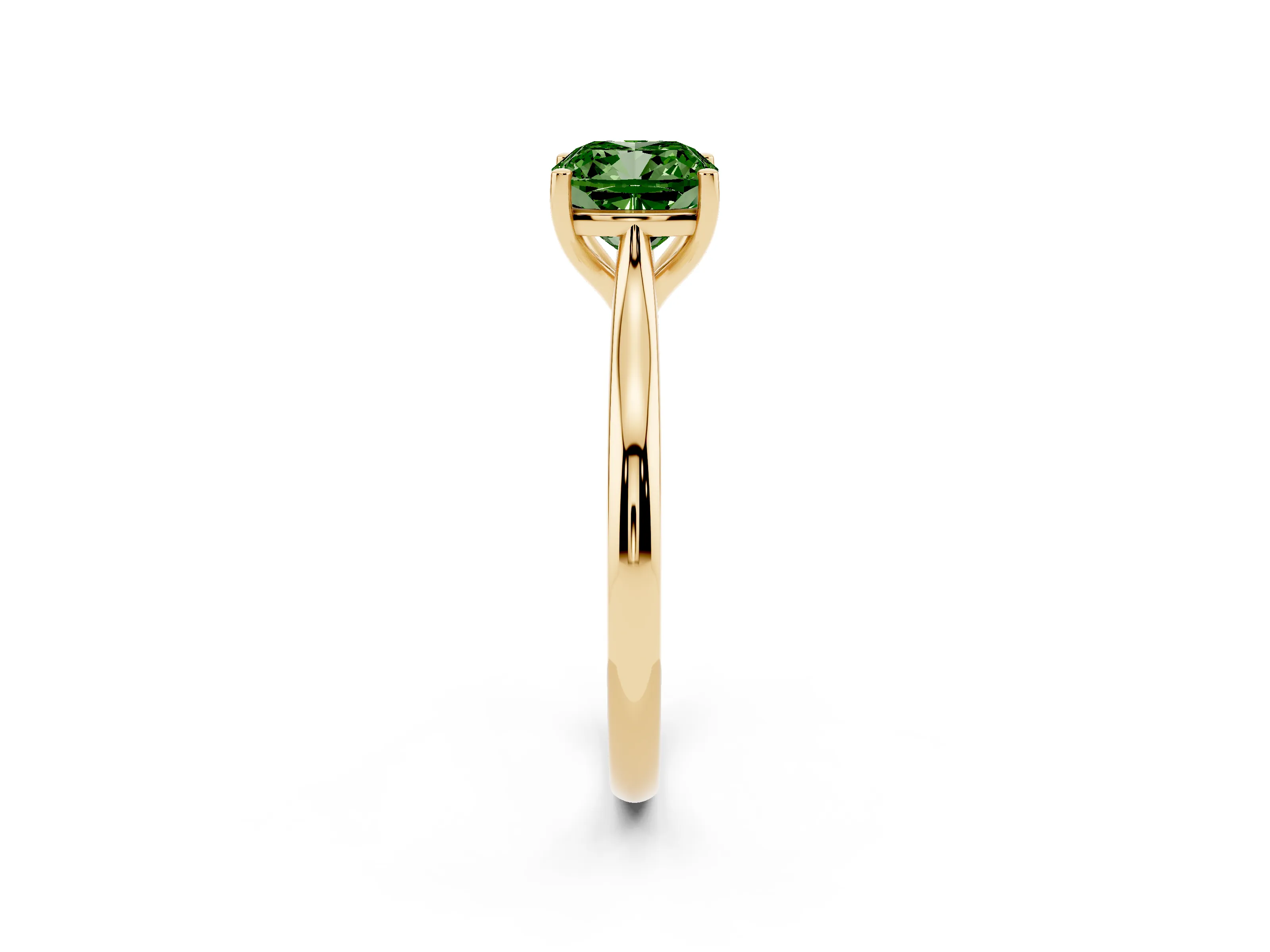 Fancy Green Cushion Cut Diamond Solitaire Ring Set in Yellow gold with Cathedral Band and Prong Setting