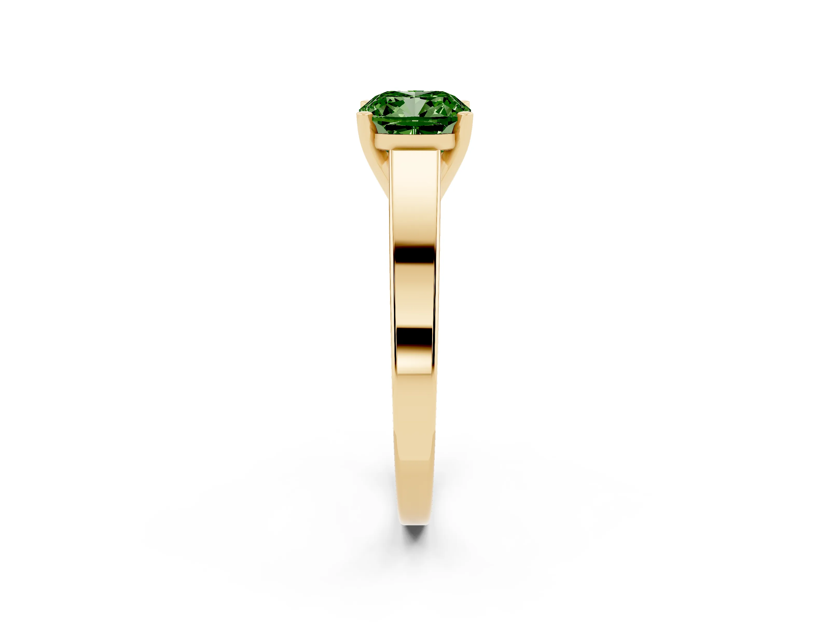 Fancy Green Cushion Cut Diamond Solitaire Engagement Ring Set in Yellow gold with Prong Setting and Tapered Band