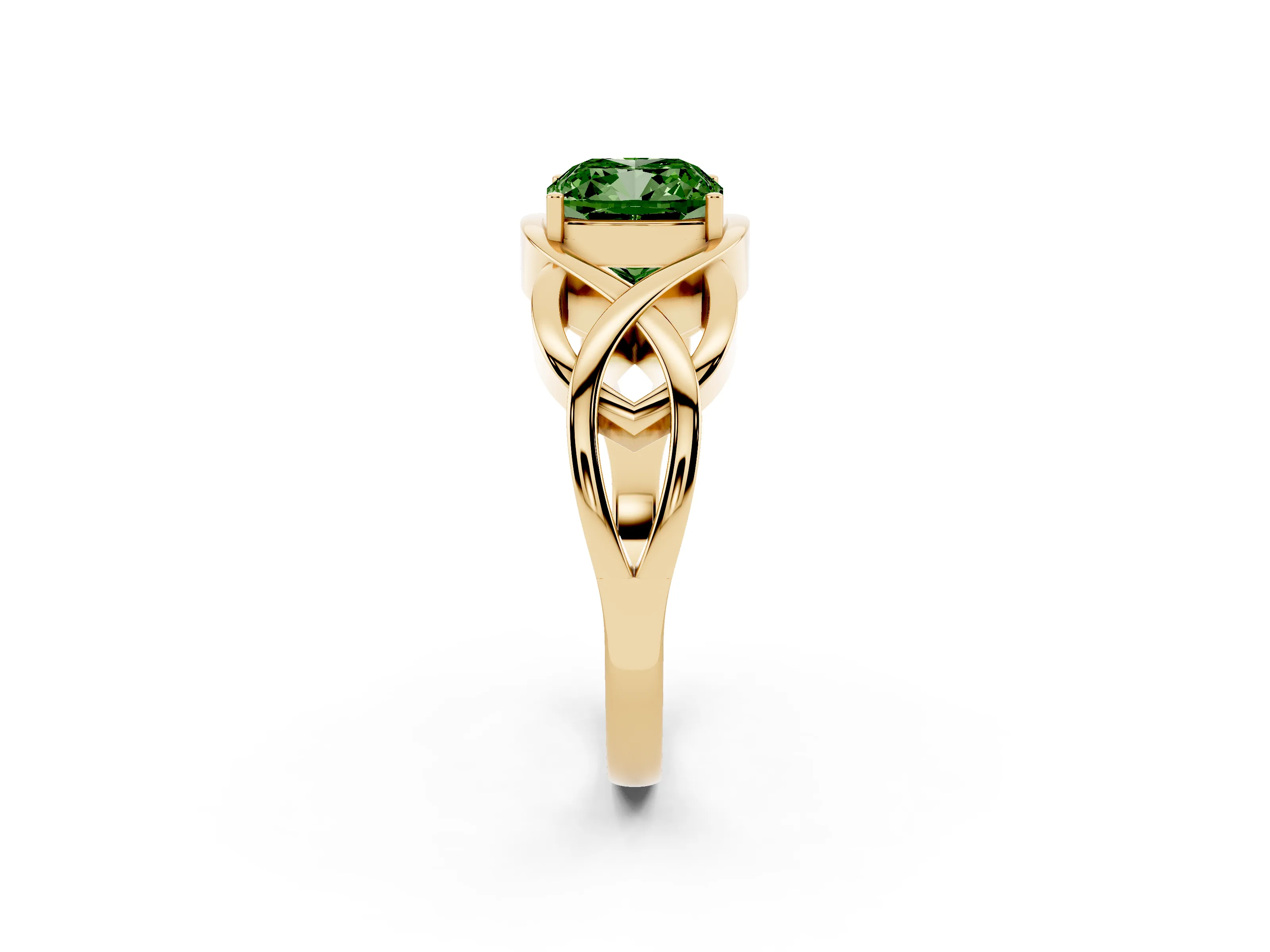 Fancy Green Cushion Cut Diamond Solitaire Ring Set in Yellow gold with Intertwined Band