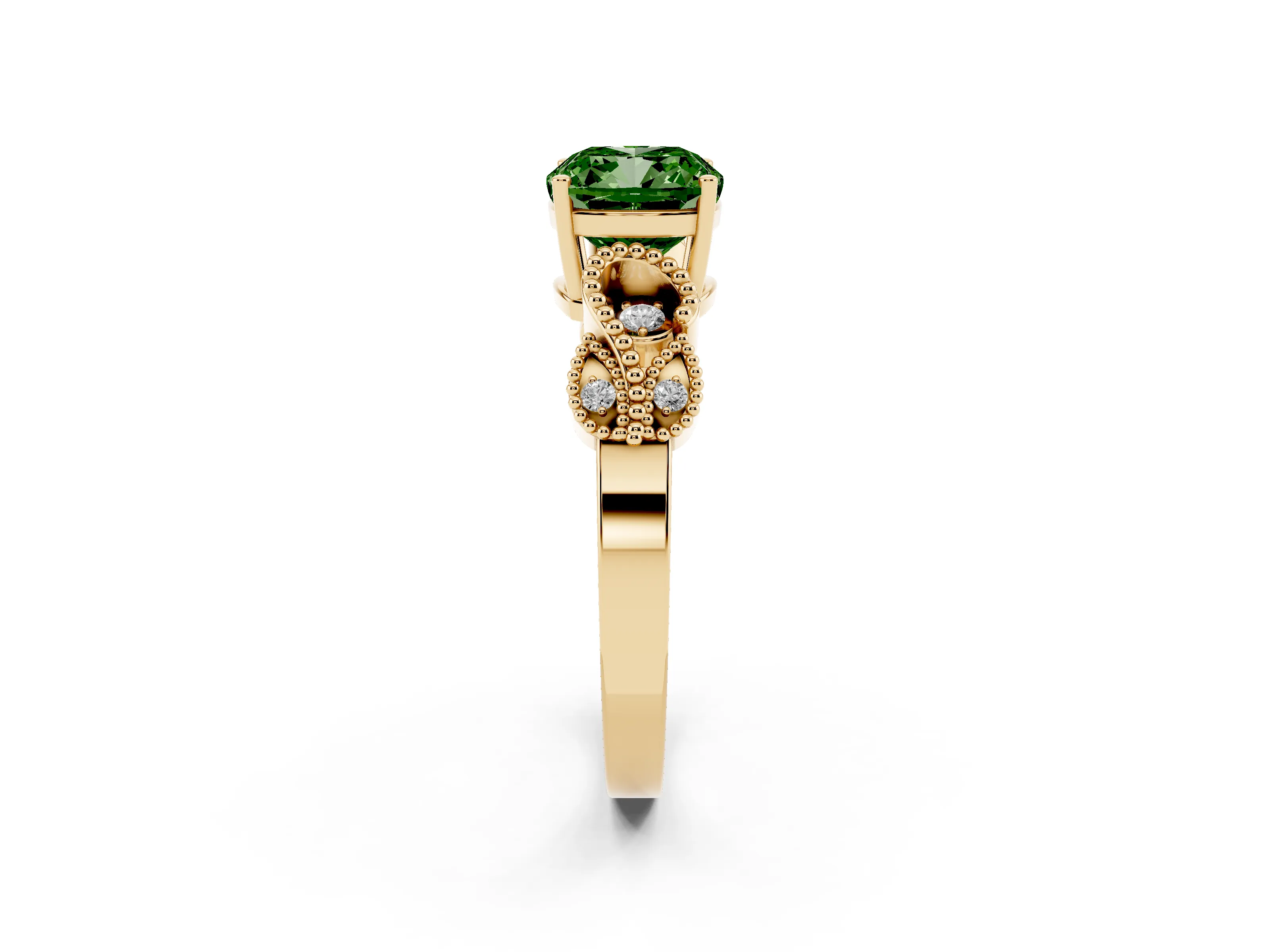 Fancy Green Cushion Cut Diamond Milgrain Leaf Band Solitaire Ring Set in Yellow gold with Accent Stones and Prong Setting