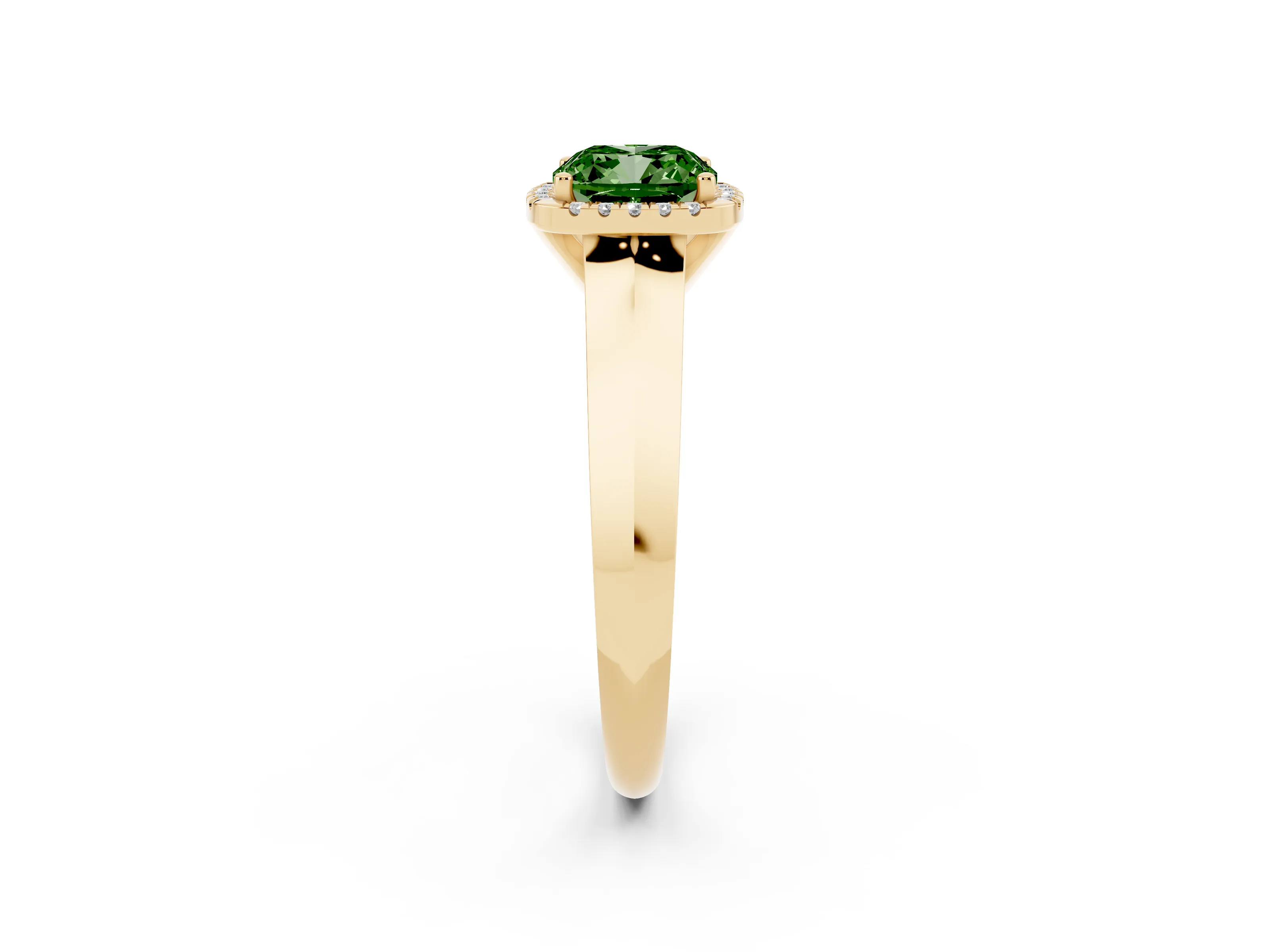 Fancy Green Cushion Cut Diamond Halo Ring Set in Yellow gold with Cathedral Band and Prong Setting