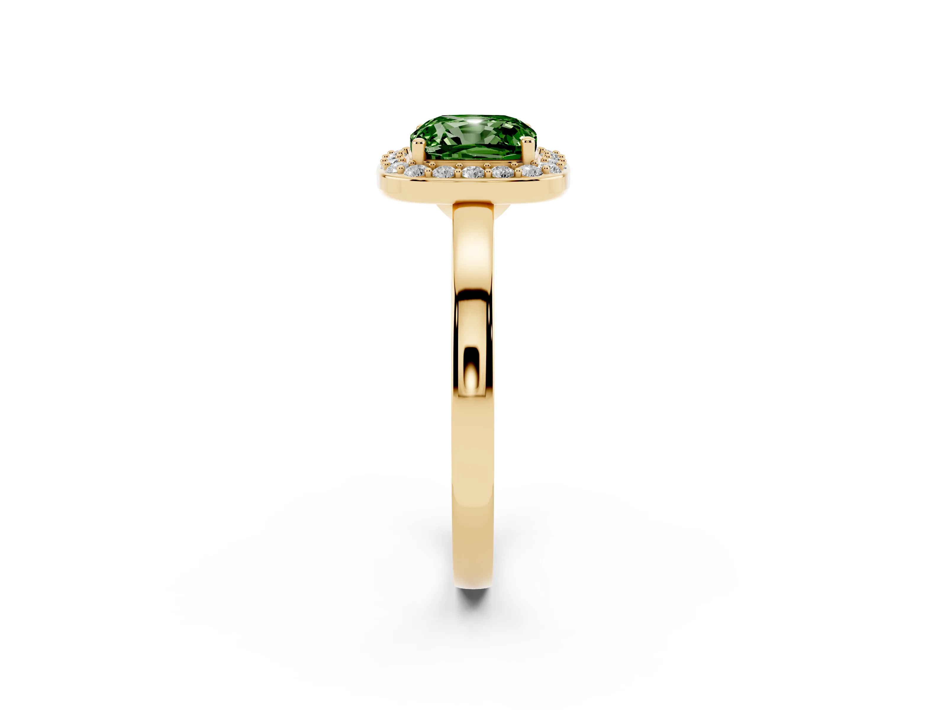 Fancy Green Cushion Cut Diamond Halo Ring Set in Yellow gold with Solitaire Band and Prong Setting
