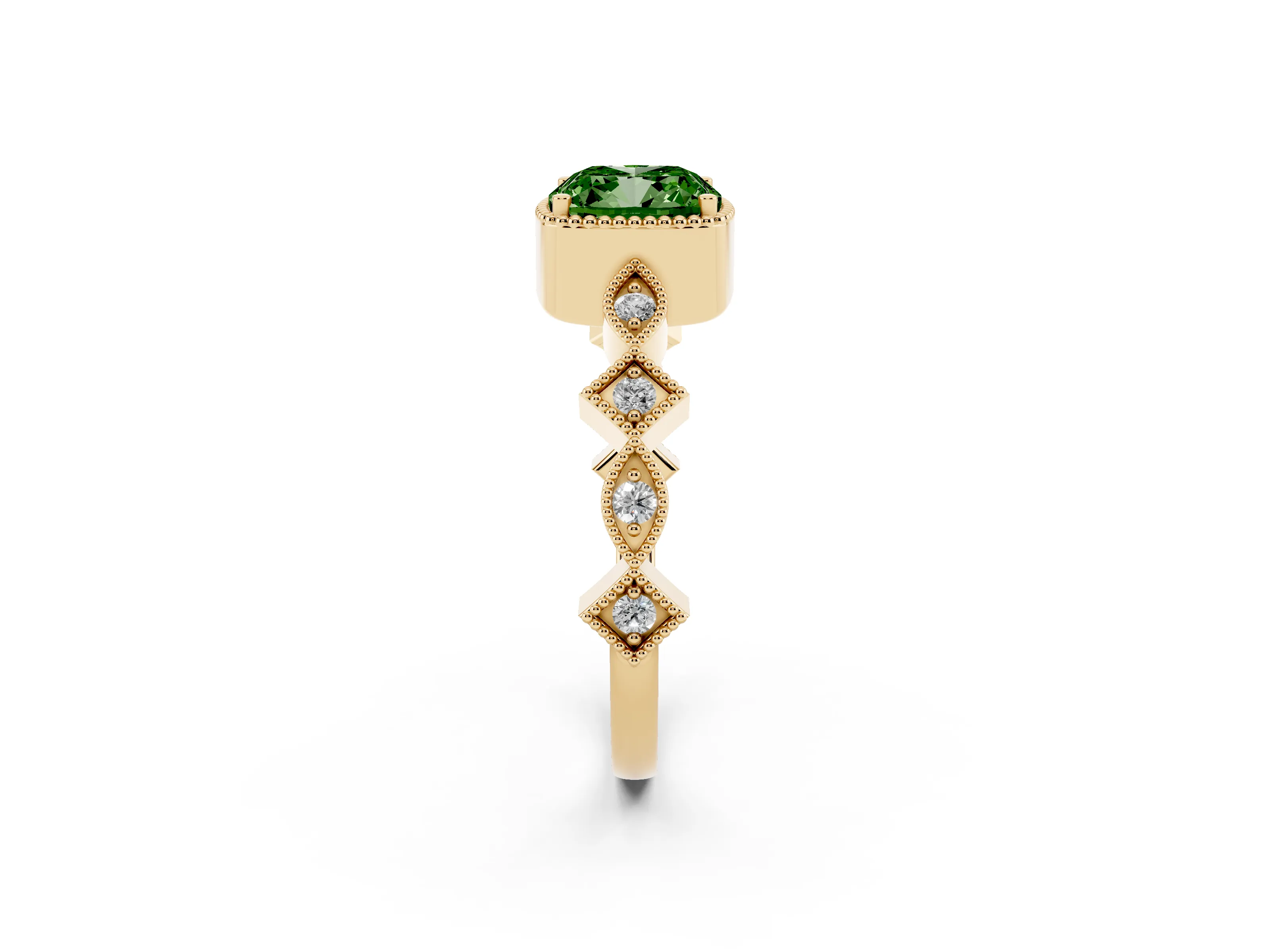 Fancy Green Cushion Cut Diamond Milgrain Marquise Twist Band Ring Set in Yellow gold with Prong Setting