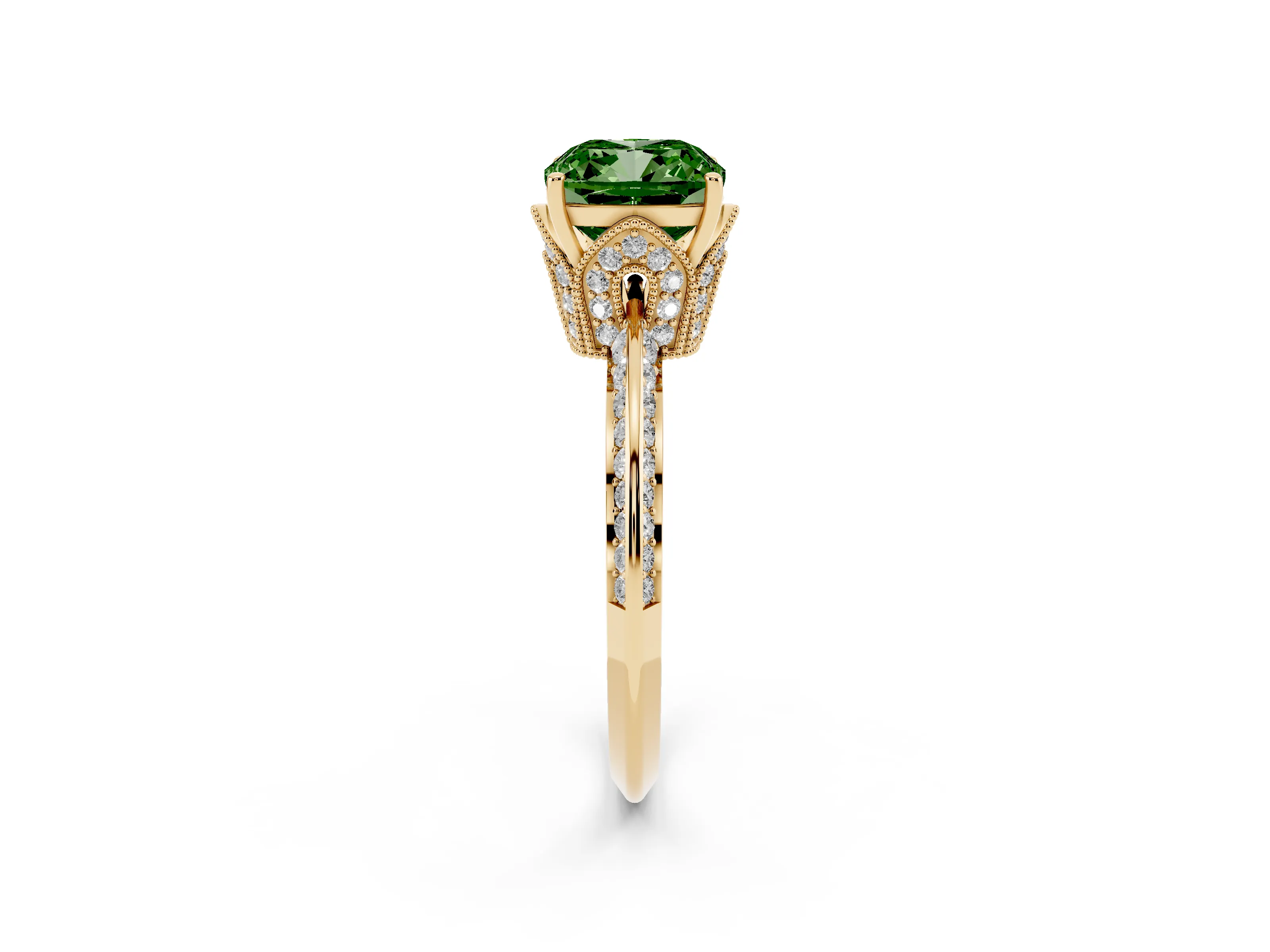 Fancy Green Cushion Cut Diamond Solitaire Engagement Ring Set in Yellow gold with Pavé Split Shank and Prong Setting