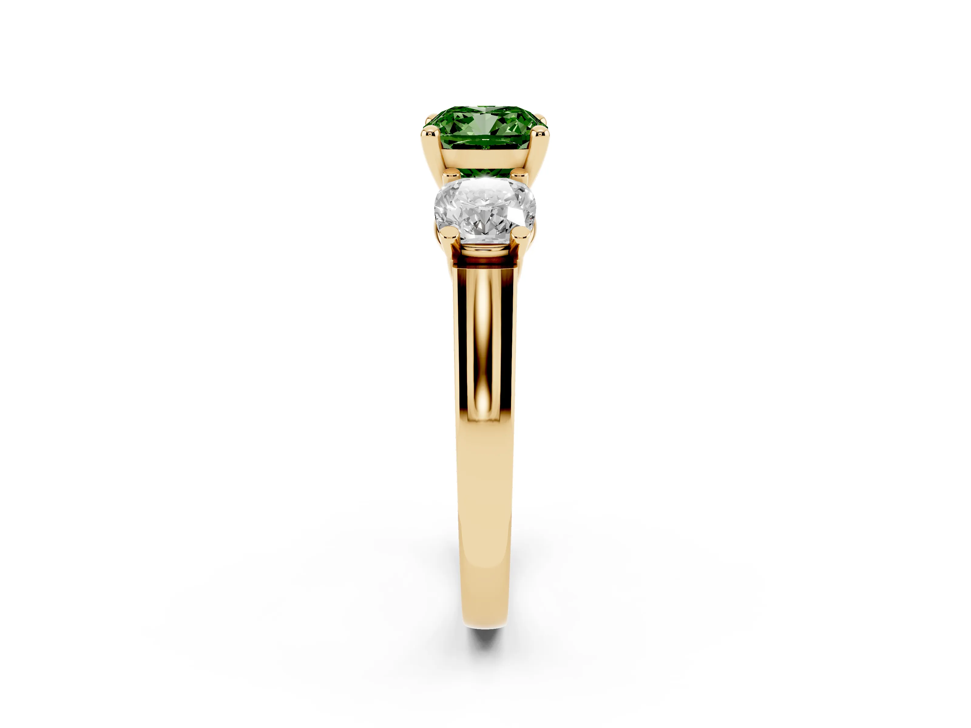 Fancy Green Cushion Cut Diamond Three-Stone Trellis Ring Set in Yellow gold with Comfort Fit Band