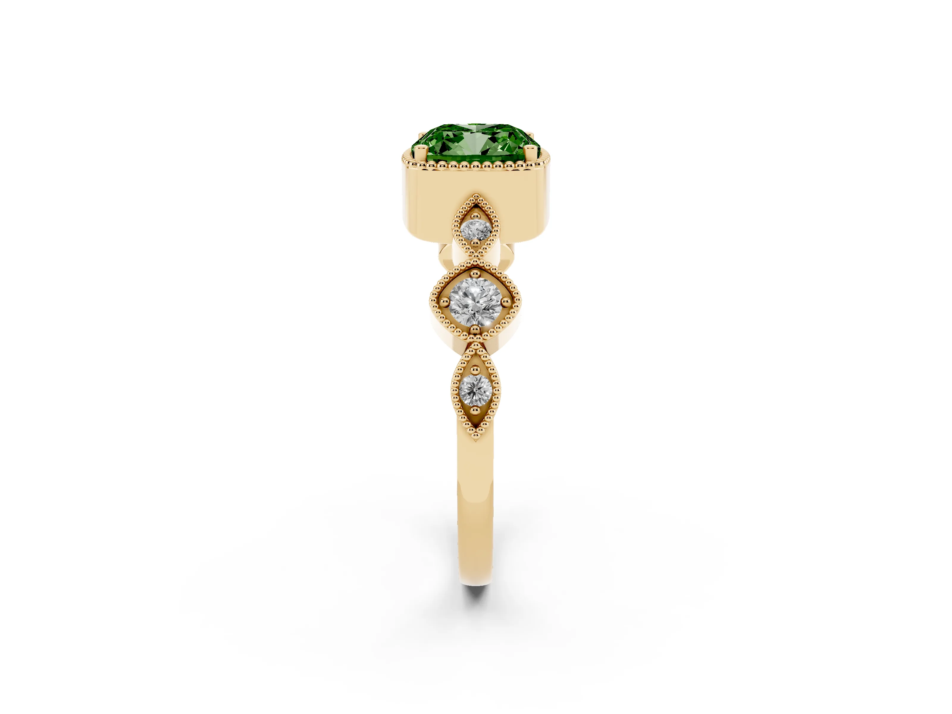 Fancy Green Cushion Cut Diamond Vintage-Inspired Milgrain Ring Set in Yellow gold with Marquise Stations of Round Accents
