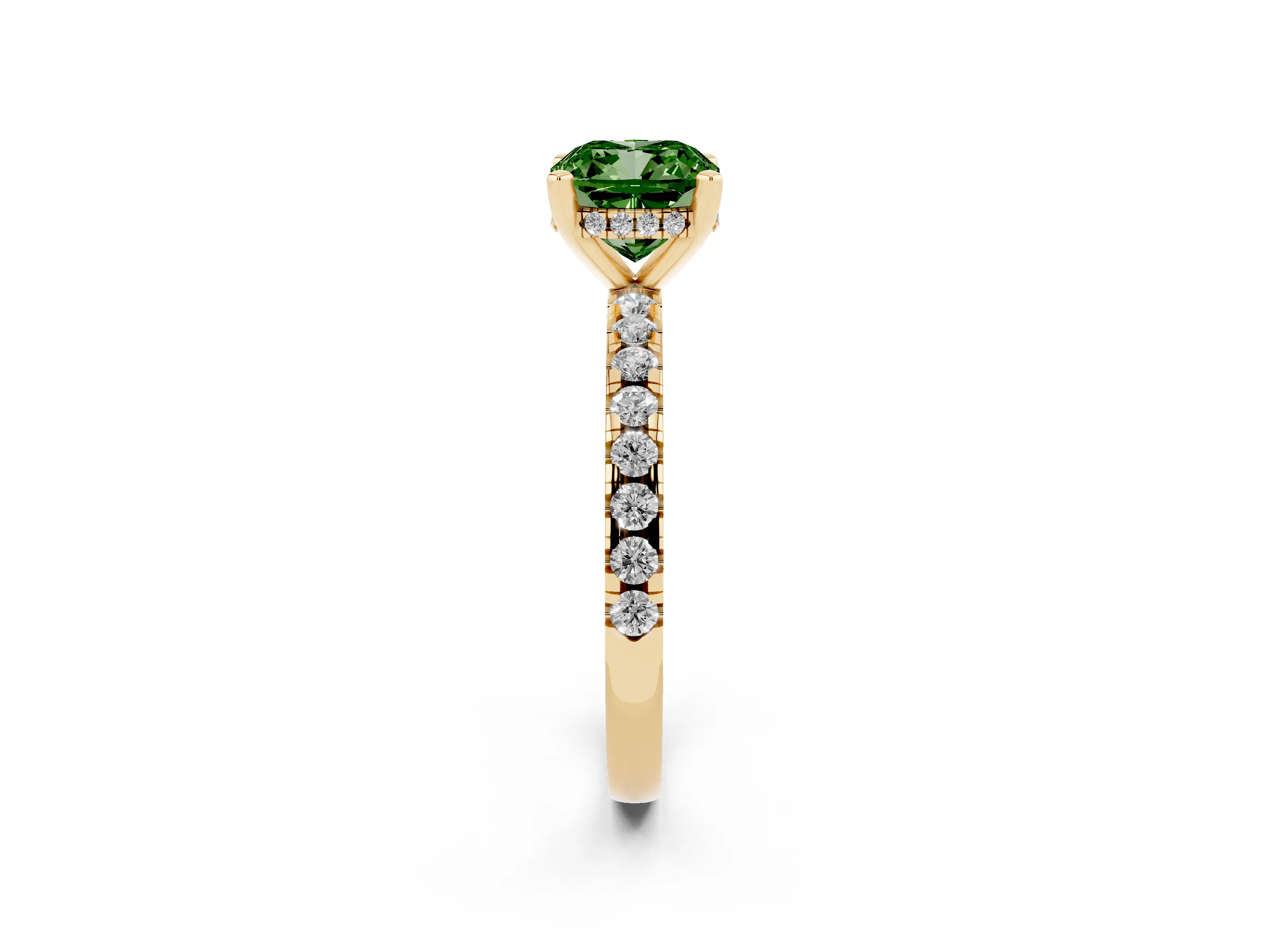 Fancy Green Cushion Cut Diamond Pavé Solitaire Ring Set in Yellow gold with Round Band Accents and Prong Setting