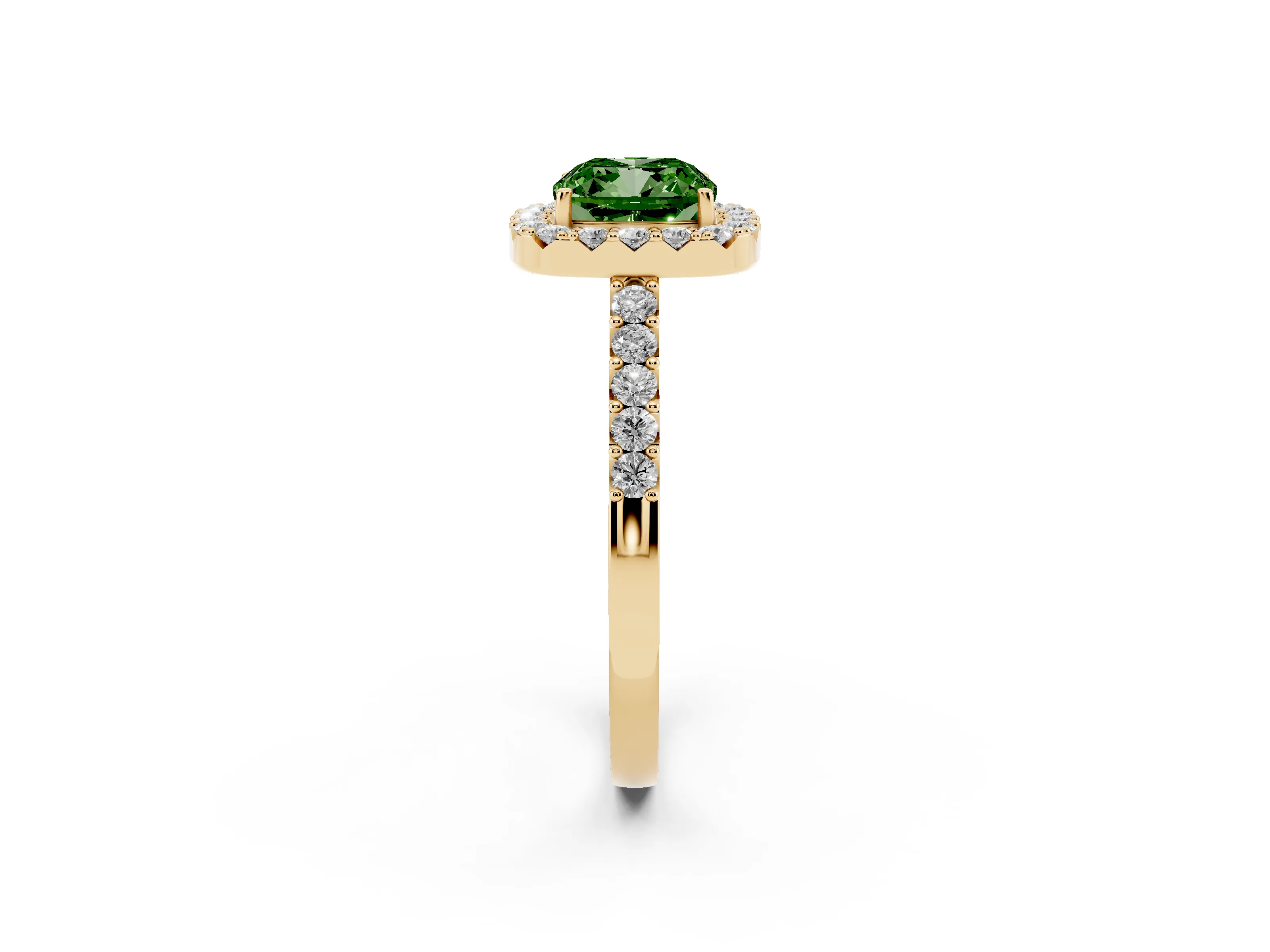 Fancy Green Cushion Cut Diamond Halo Pavé Solitaire Ring Set in Yellow gold with Prong-Set Center Stone