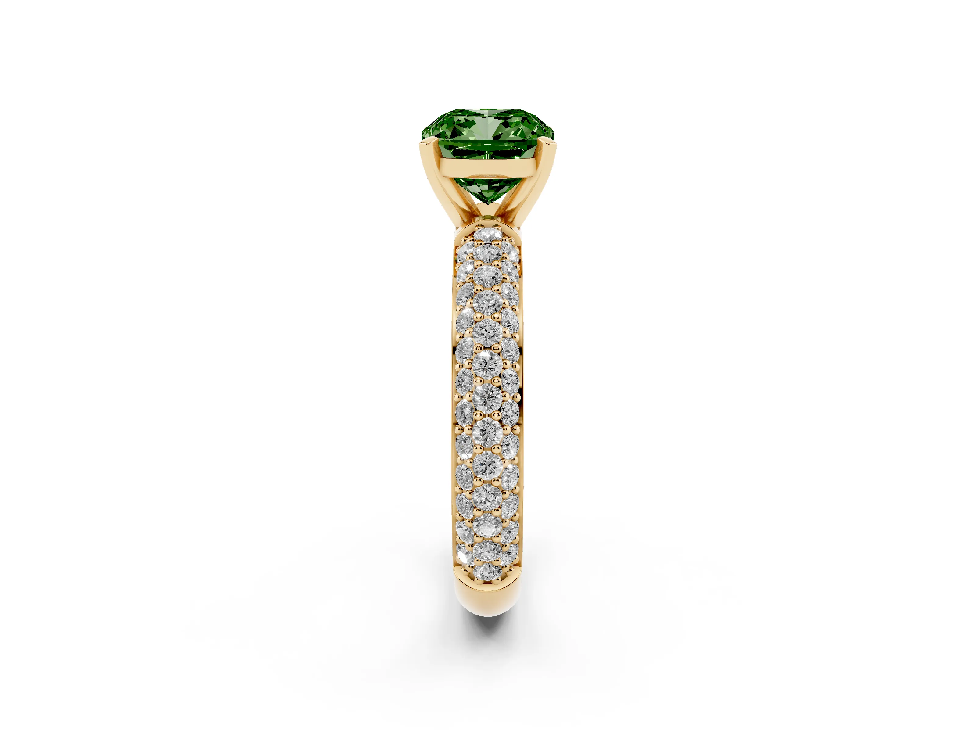 Fancy Green Cushion Cut Diamond Solitaire Ring Set in Yellow gold with Prong Setting and Pavé-Set Band