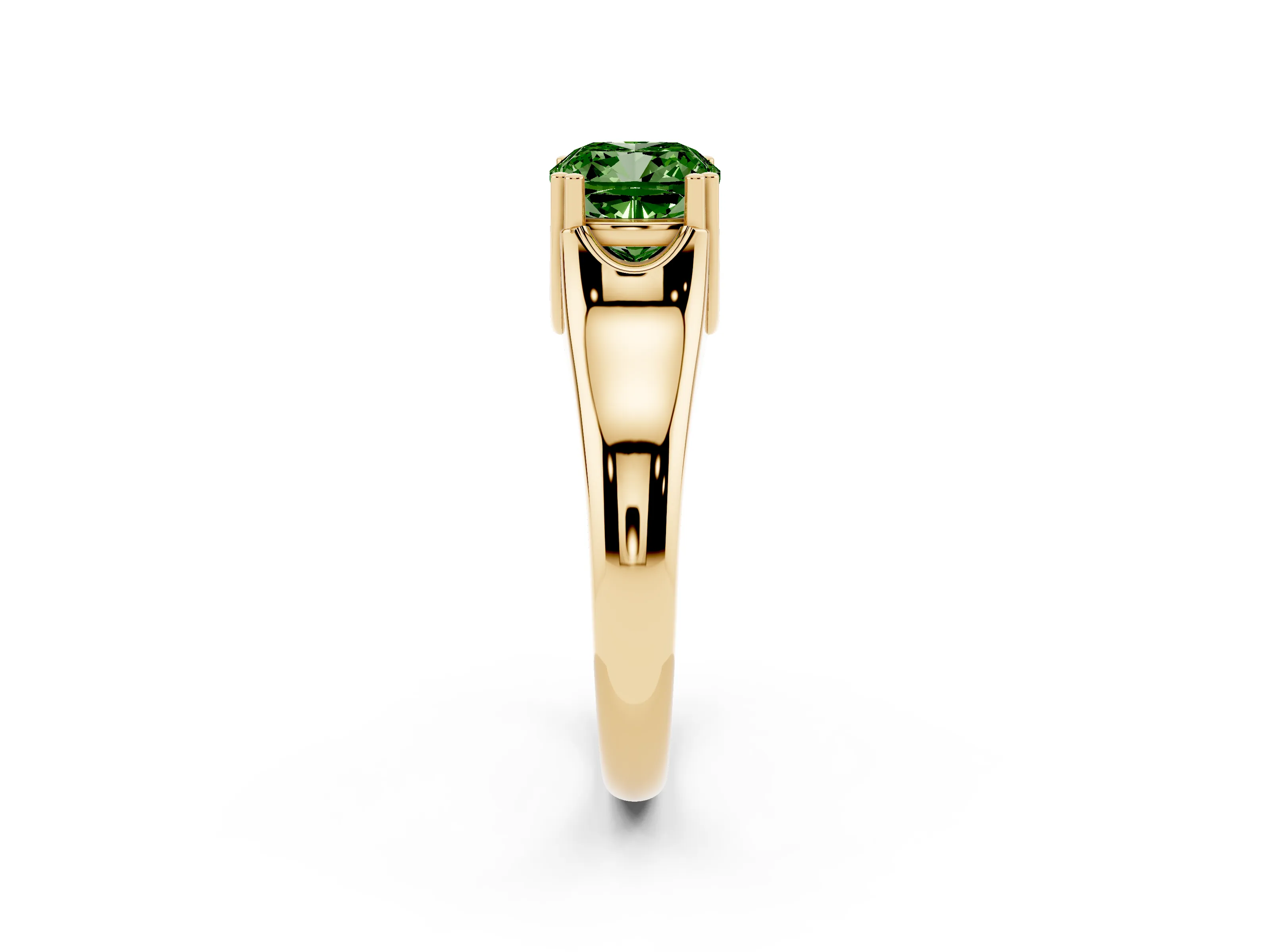 Fancy Green Cushion Cut Diamond Solitaire Ring Set in Yellow gold with Wide Band and Prong Setting