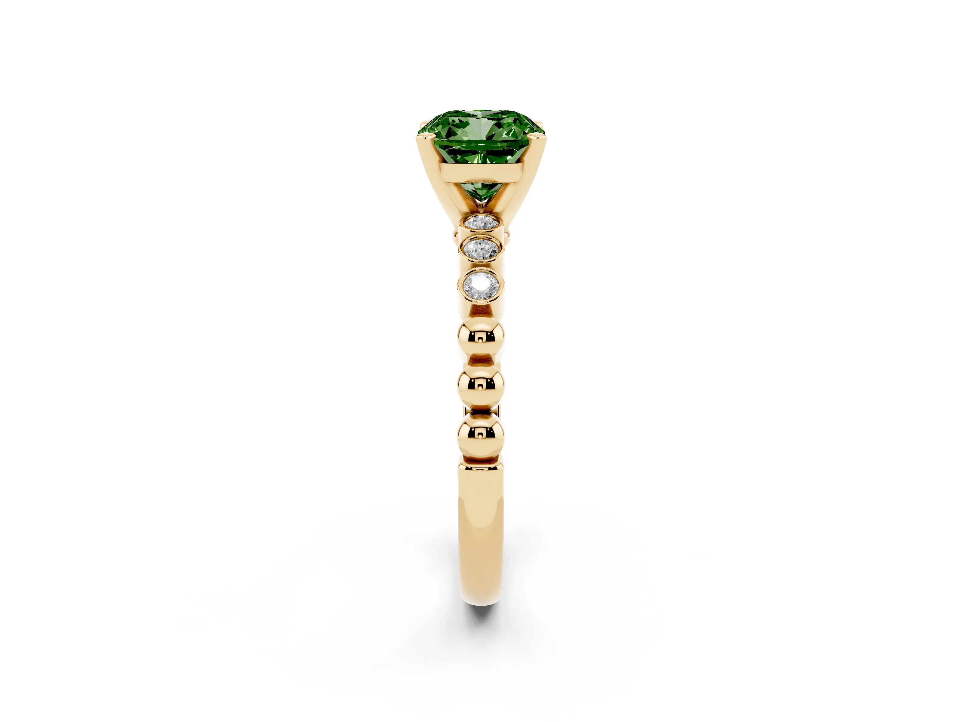 Fancy Green Cushion Cut Diamond Solitaire Engagement Ring Set in Yellow gold with Bezel Accents on Beaded Band
