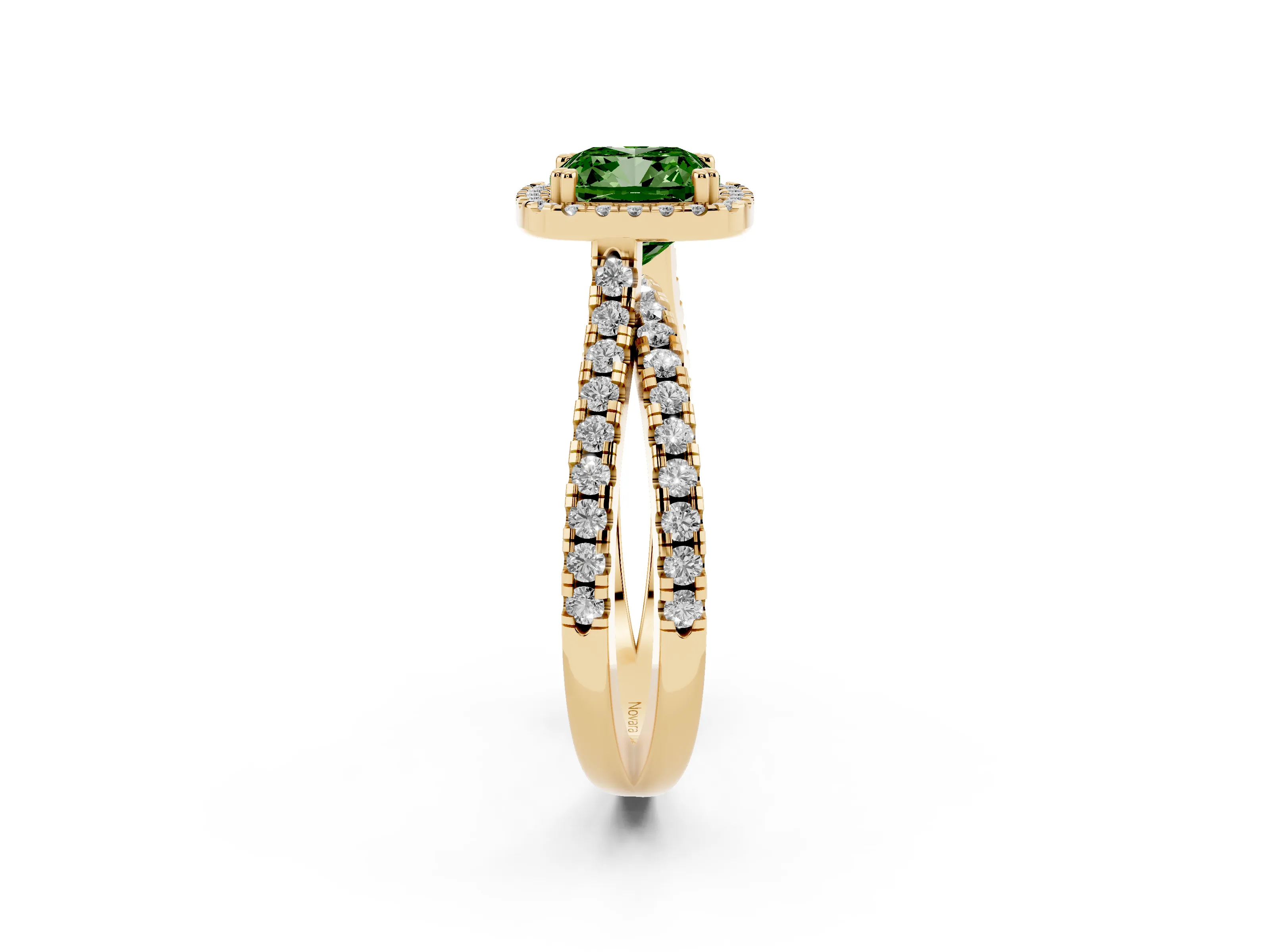 Fancy Green Cushion Cut Diamond Halo Split Shank Ring Set in Yellow gold with Pavé Setting