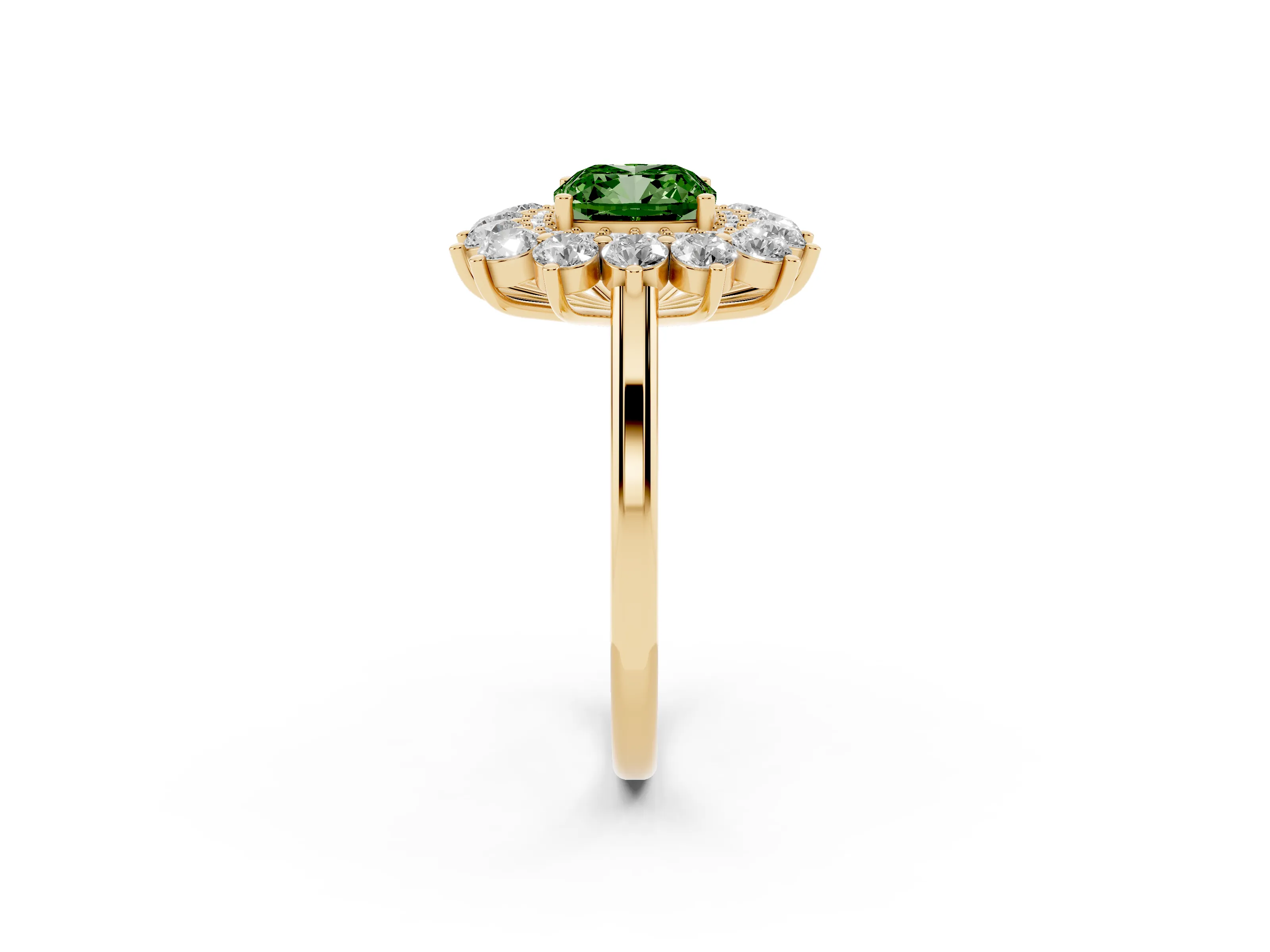 Fancy Green Cushion Cut Diamond Floral Double Halo Ring Set in Yellow gold with Round Petals