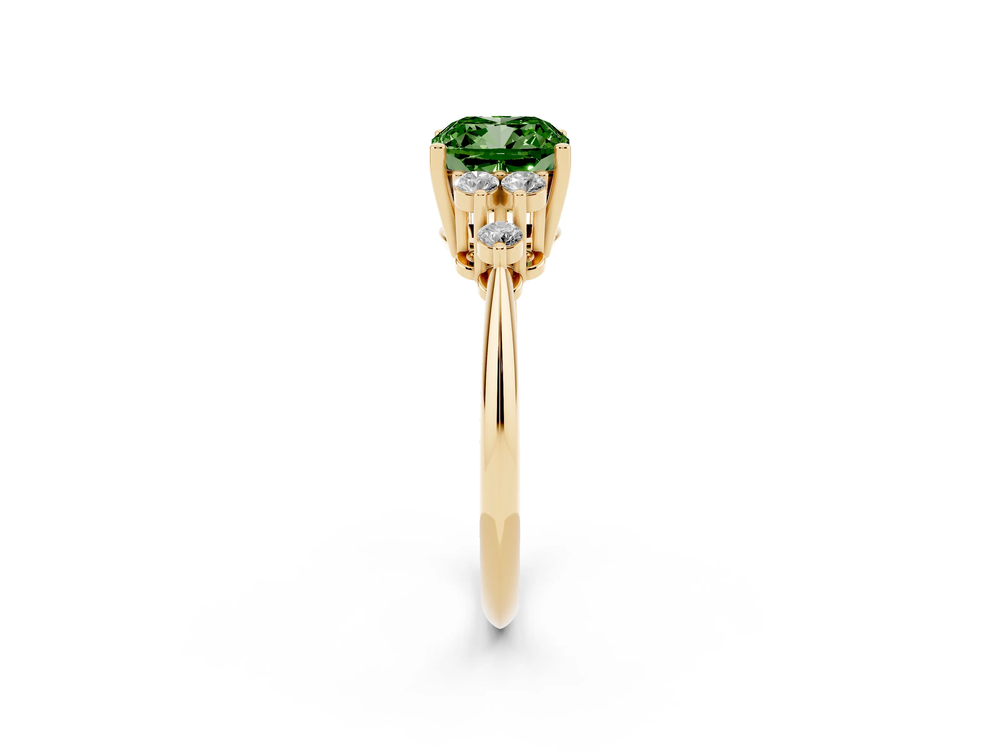 Fancy Green Cushion Cut Diamond Cluster Ring Set in Yellow gold with Plain Band and Prong Setting