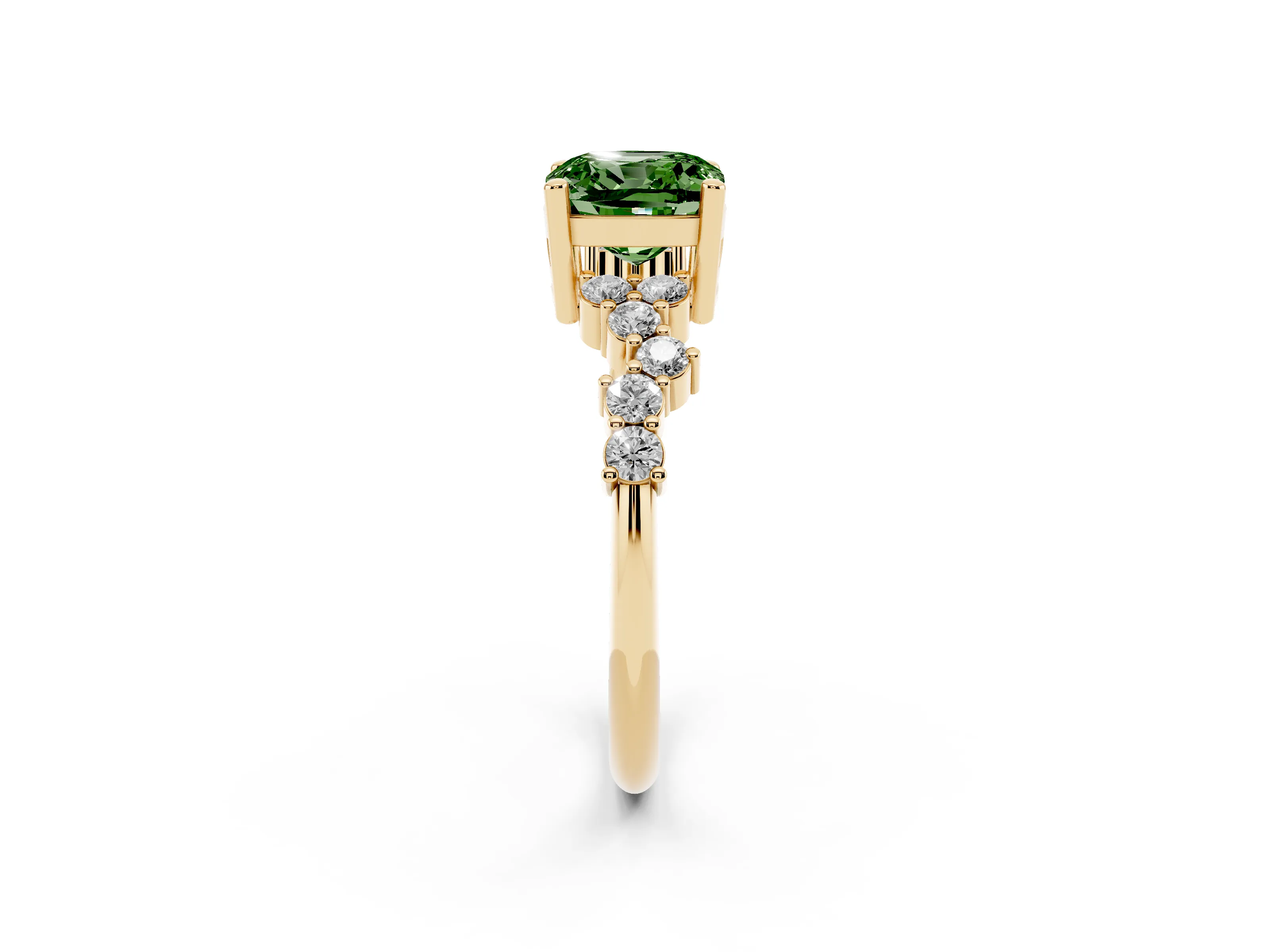 Fancy Green Cushion Cut Diamond Ring Set in Yellow gold with Scattered Round Accents