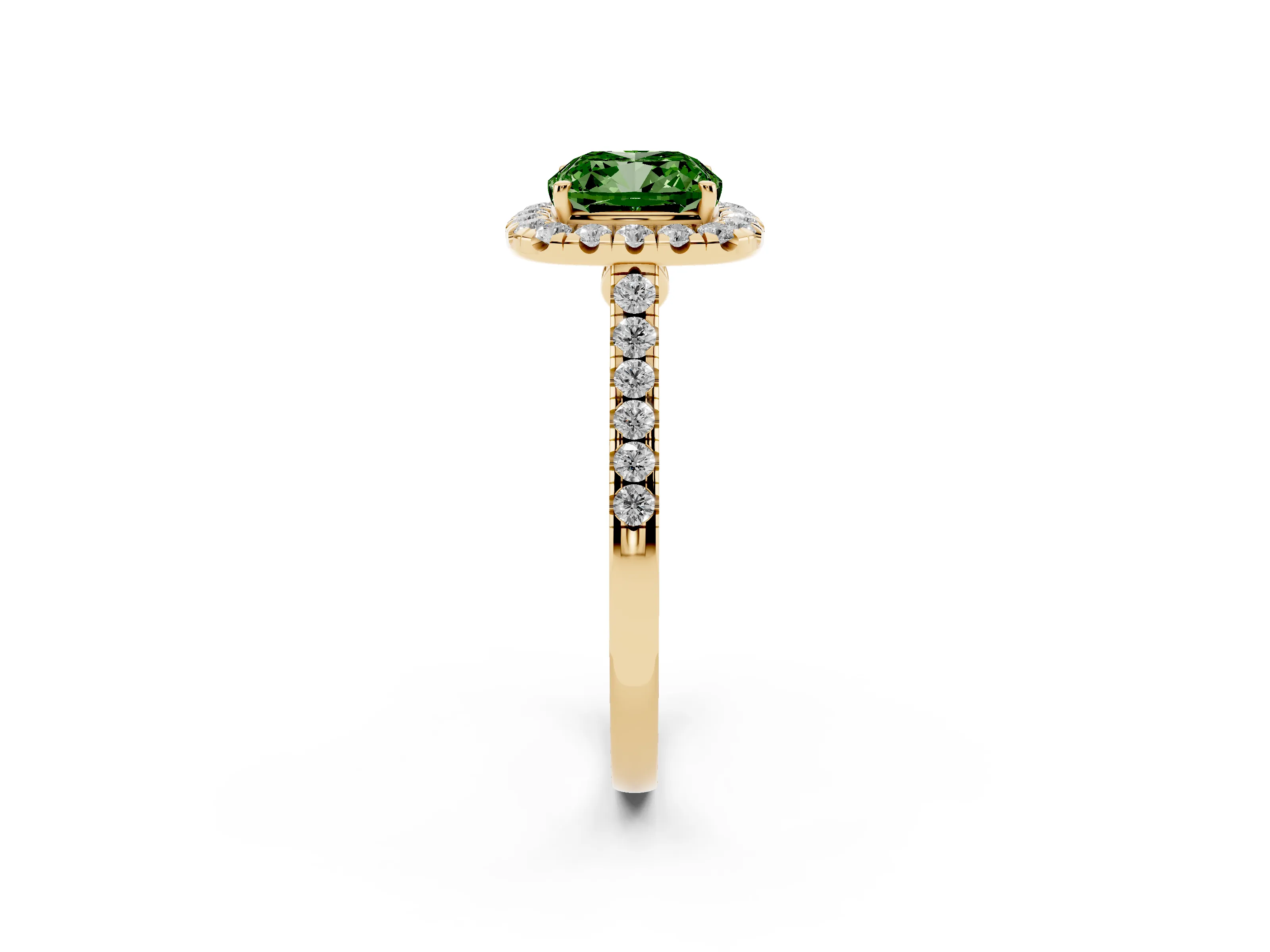 Fancy Green Cushion Cut Diamond Halo Pavé Engagement Ring Set in Yellow gold with Prong Setting