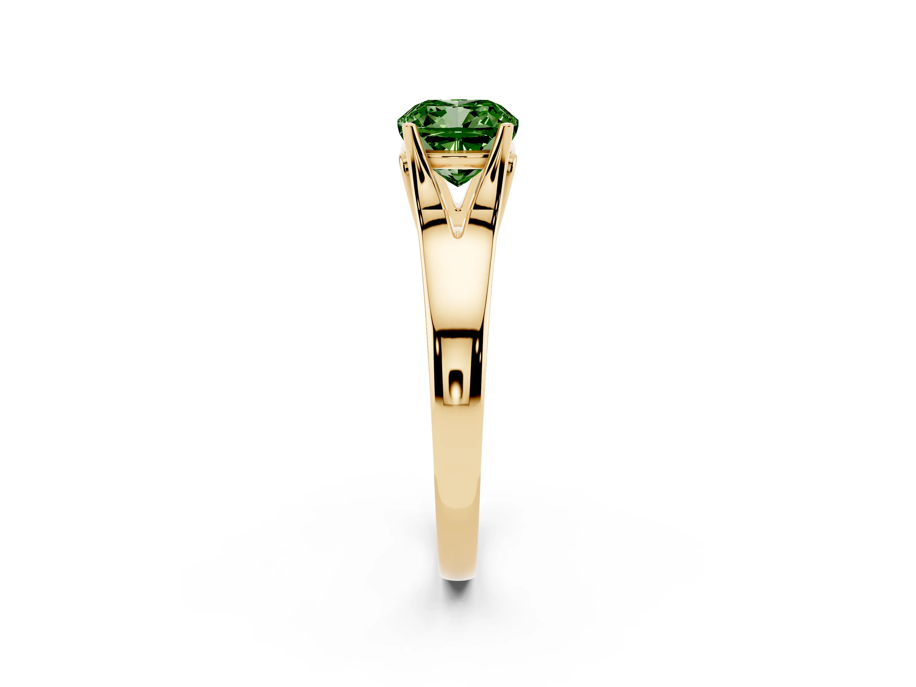 Fancy Green Cushion Cut Diamond Solitaire Ring Set in Yellow gold with Arched Cathedral Band and Prong Setting