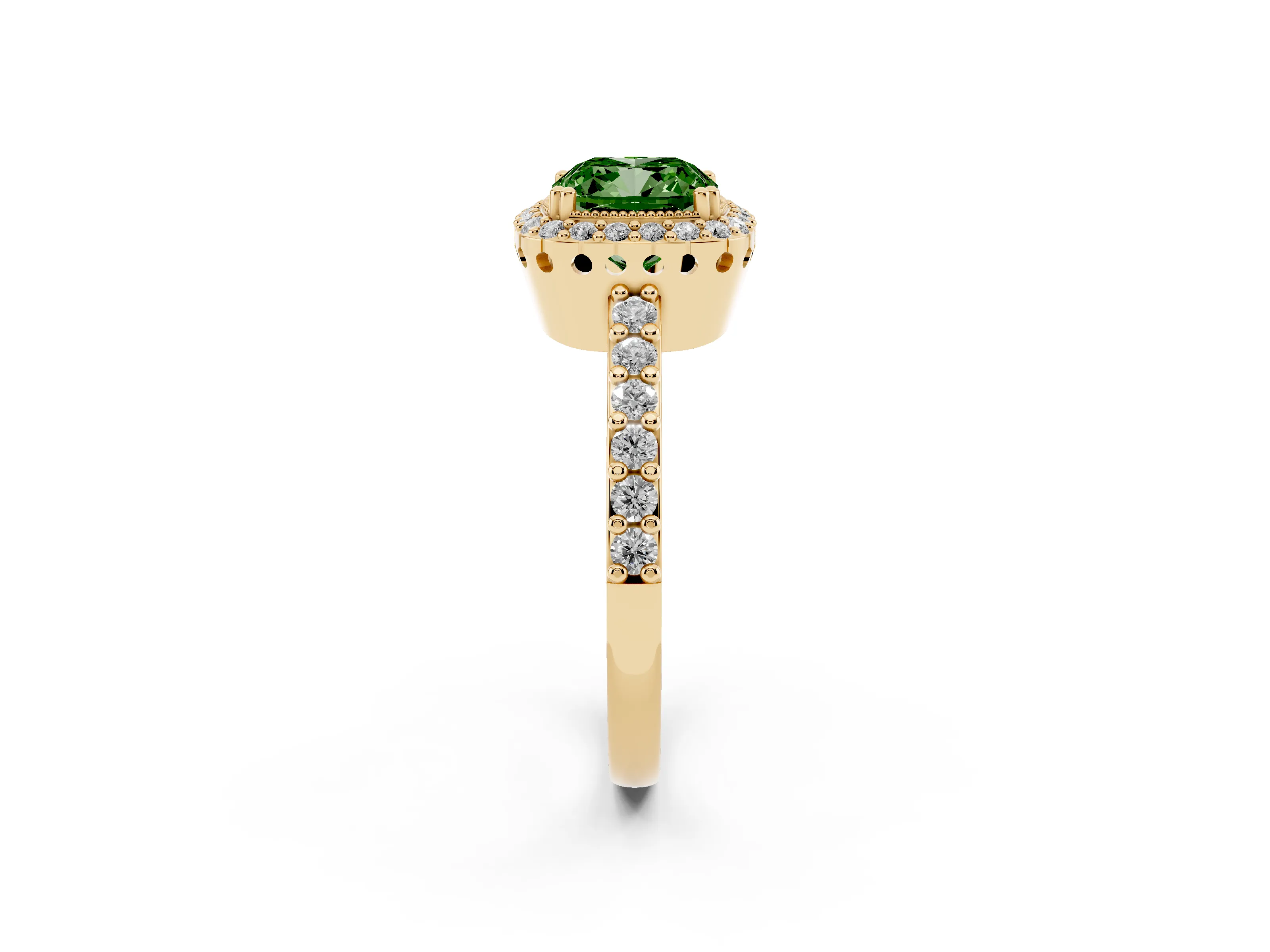 Fancy Green Cushion Cut Diamond Halo Engagement Ring Set in Yellow gold with Milgrain Detail and Pavé Band