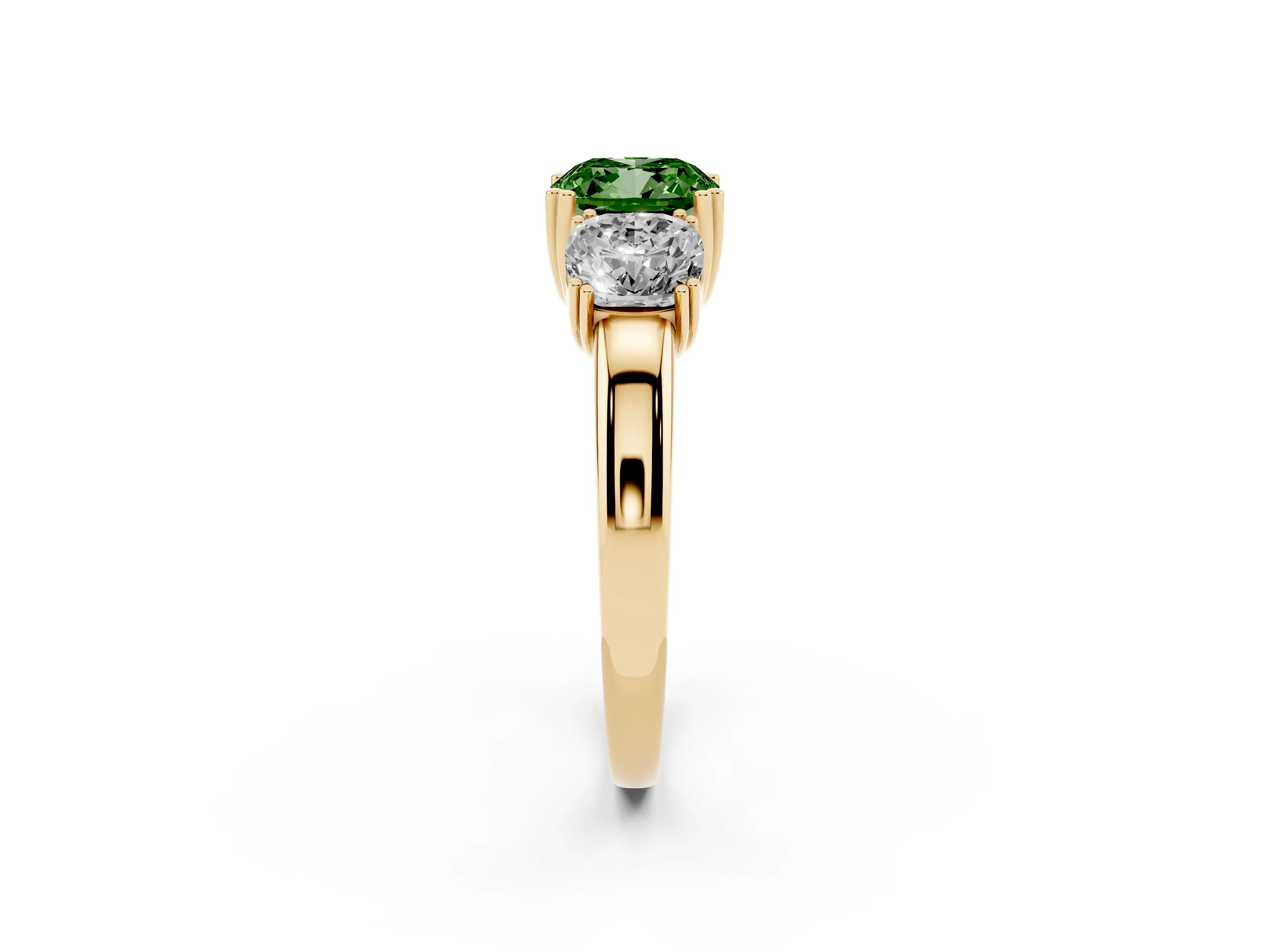 Fancy Green Cushion Cut Diamond Three-Stone Ring Set in Yellow gold with Polished Band and Prong Setting