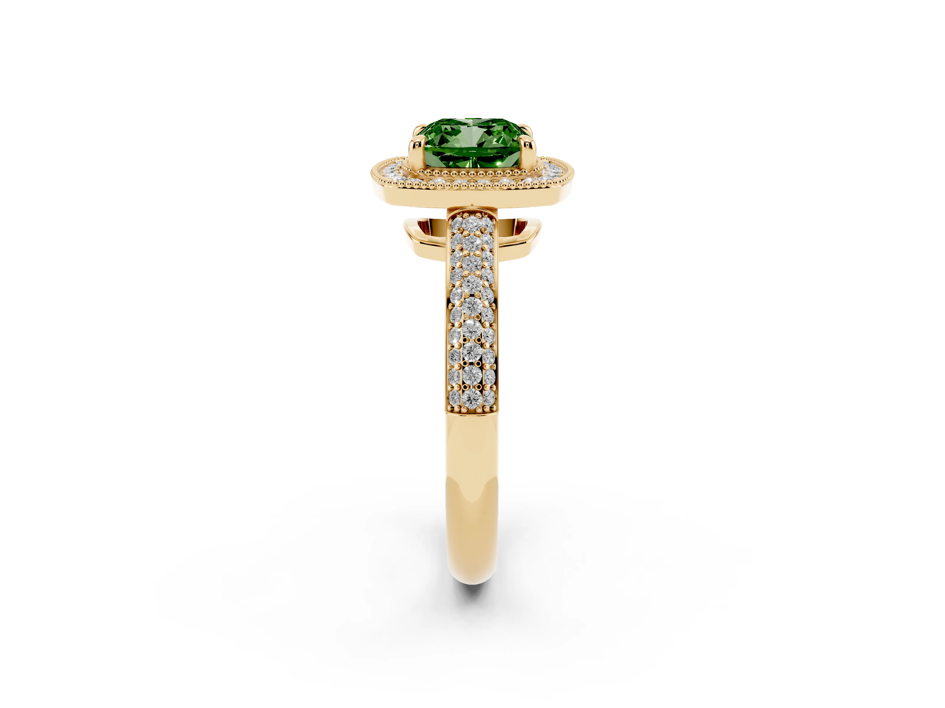 Fancy Green Cushion Cut Diamond Halo Pavé Band Set in Yellow gold with Prong Setting