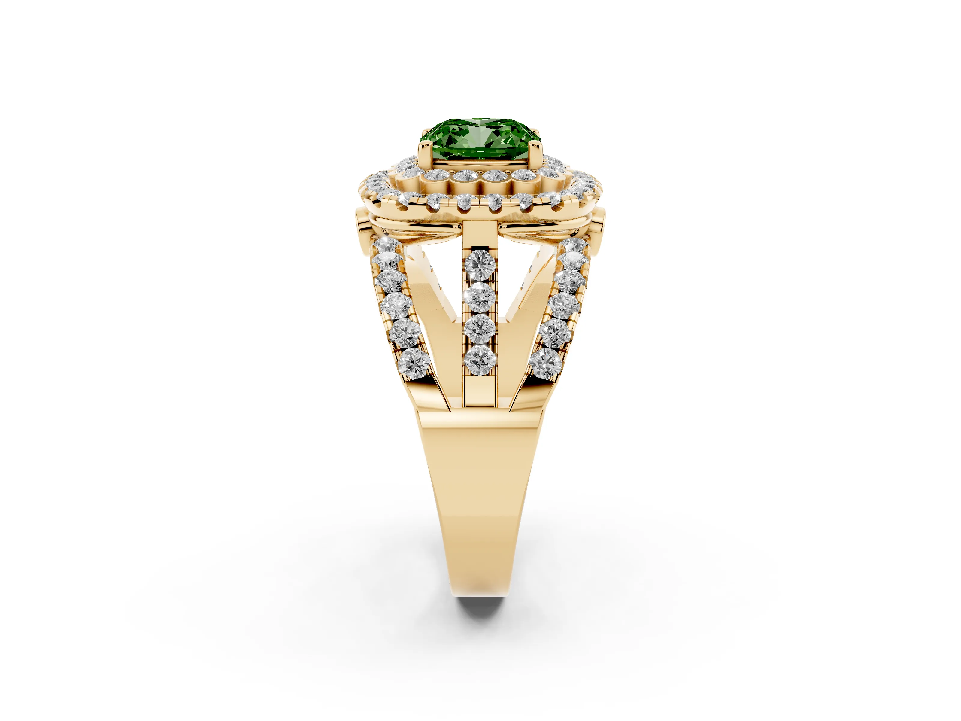 Fancy Green Cushion Cut Diamond Double Halo Ring Set in Yellow gold with Round Pavé Split Shank