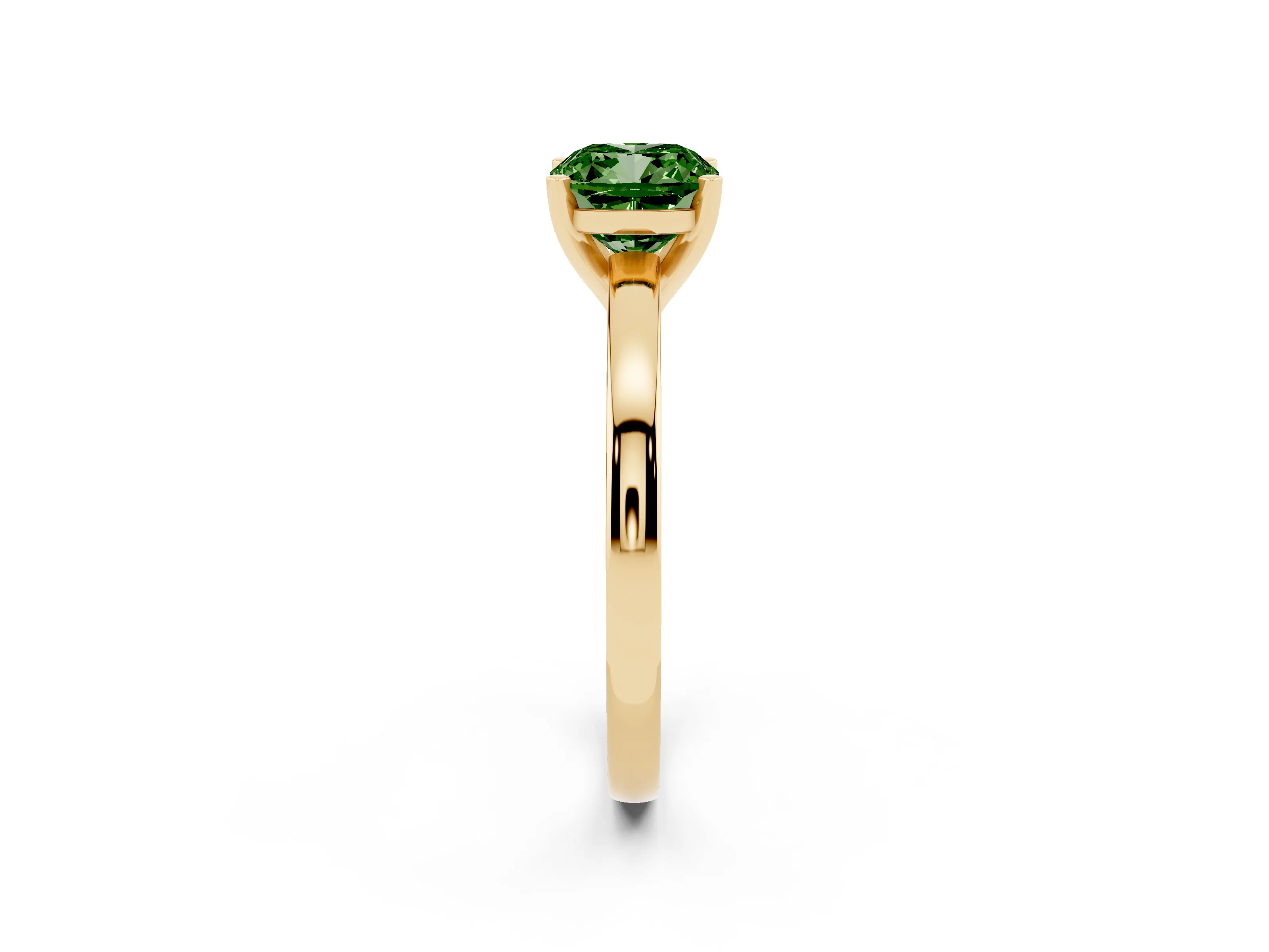 Fancy Green Cushion Cut Diamond Solitaire Engagement Ring Set in Yellow gold with Prong Setting on a Classic Band