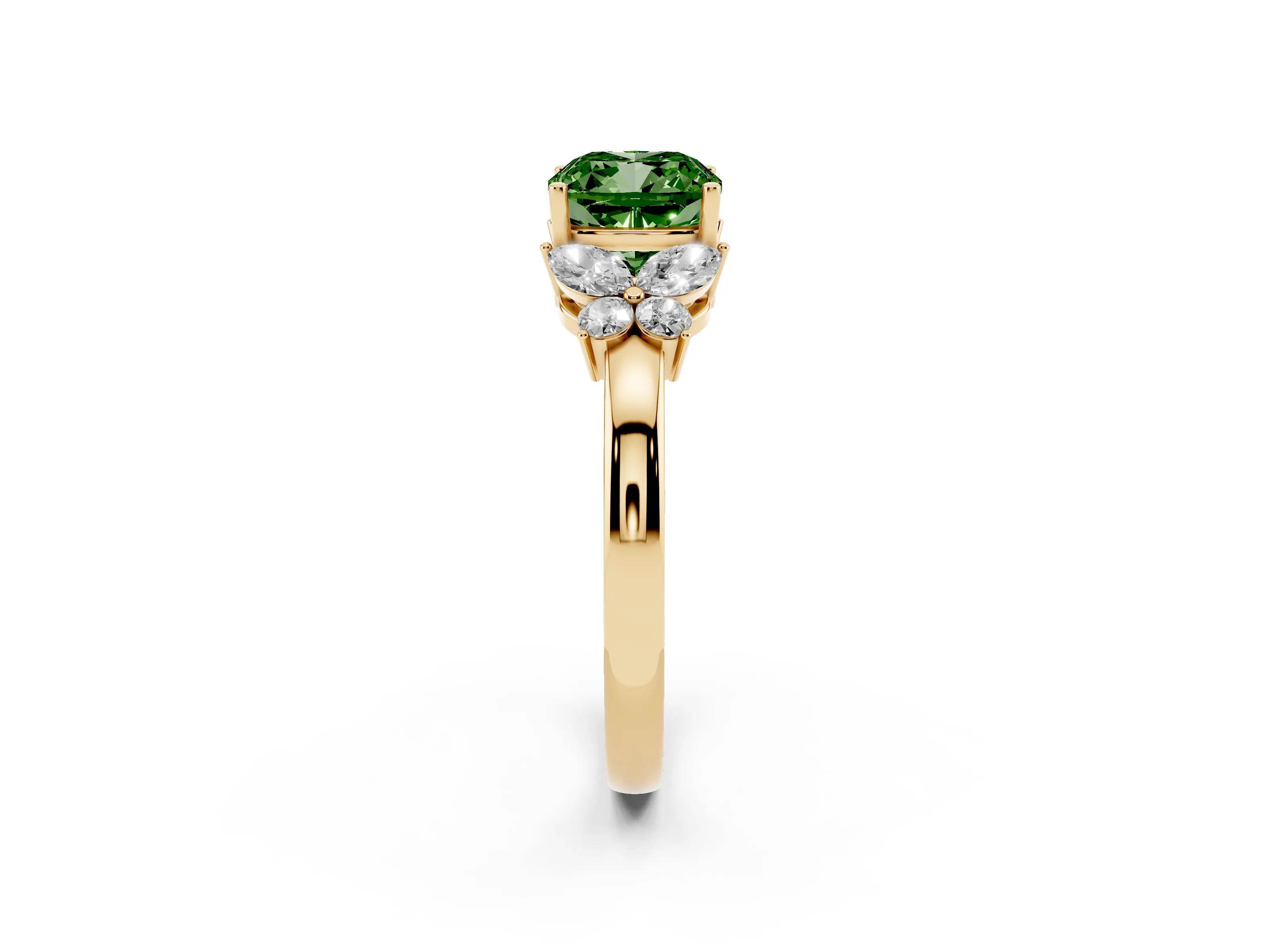 Fancy Green Cushion Cut Diamond Solitaire Floral Ring Set in Yellow gold with Marquise Petals and Prong Setting