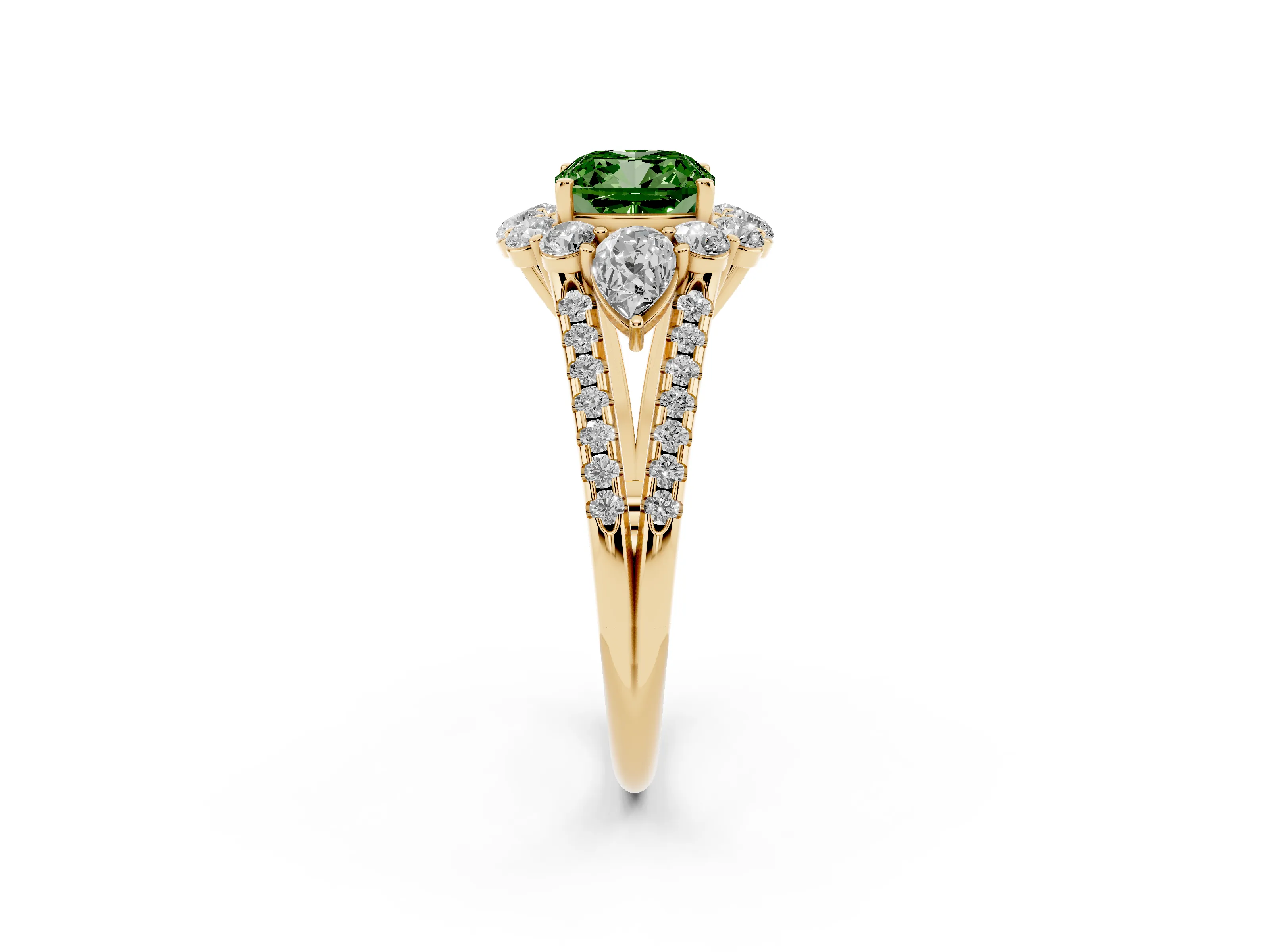 Fancy Green Cushion Cut Diamond Halo Split Shank Engagement Ring Set in Yellow gold with Prong-Held Center Stone