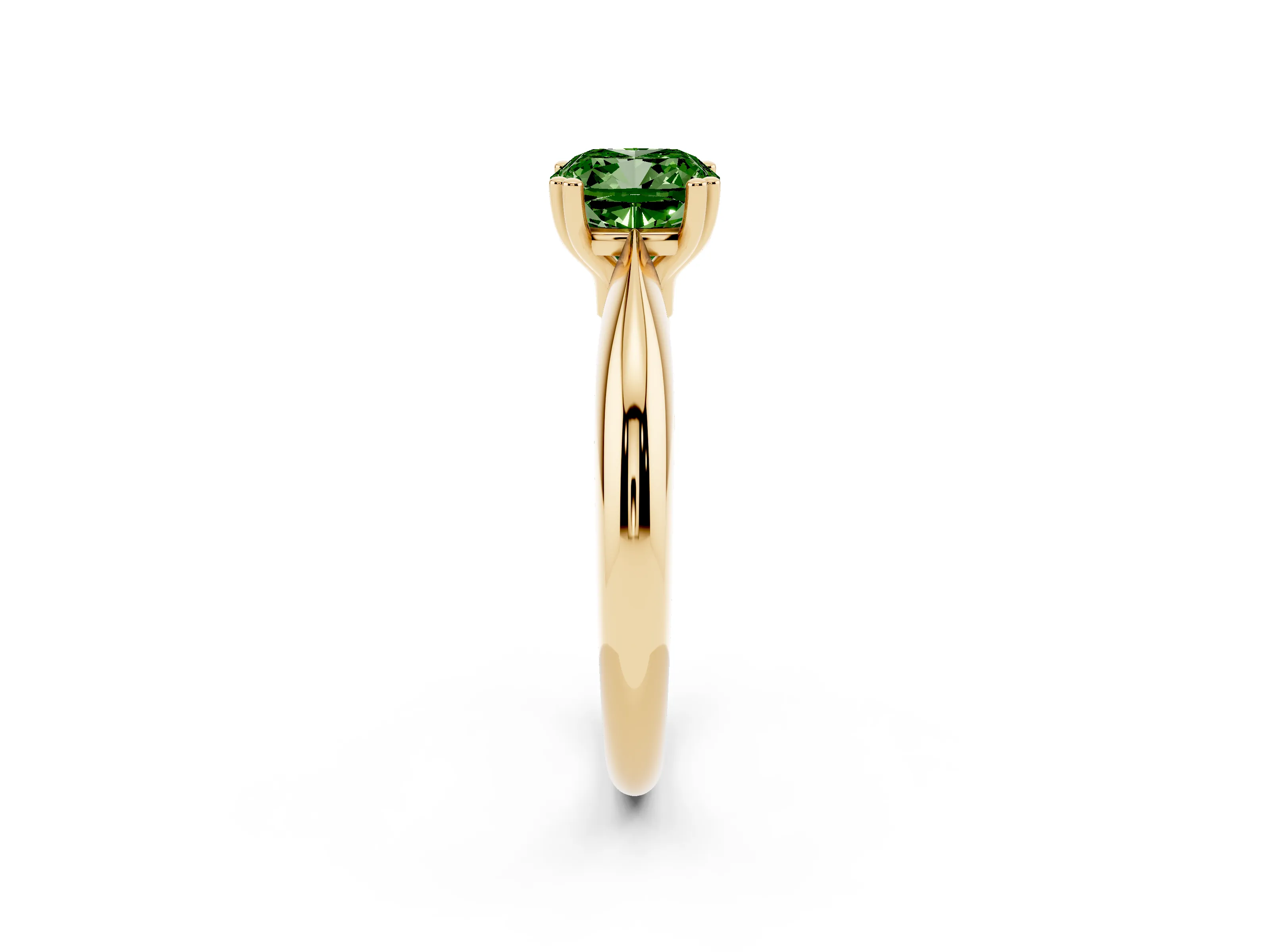 Fancy Green Cushion Cut Diamond Solitaire Engagement Ring Set in Yellow gold with Tapered Band and Prong Setting