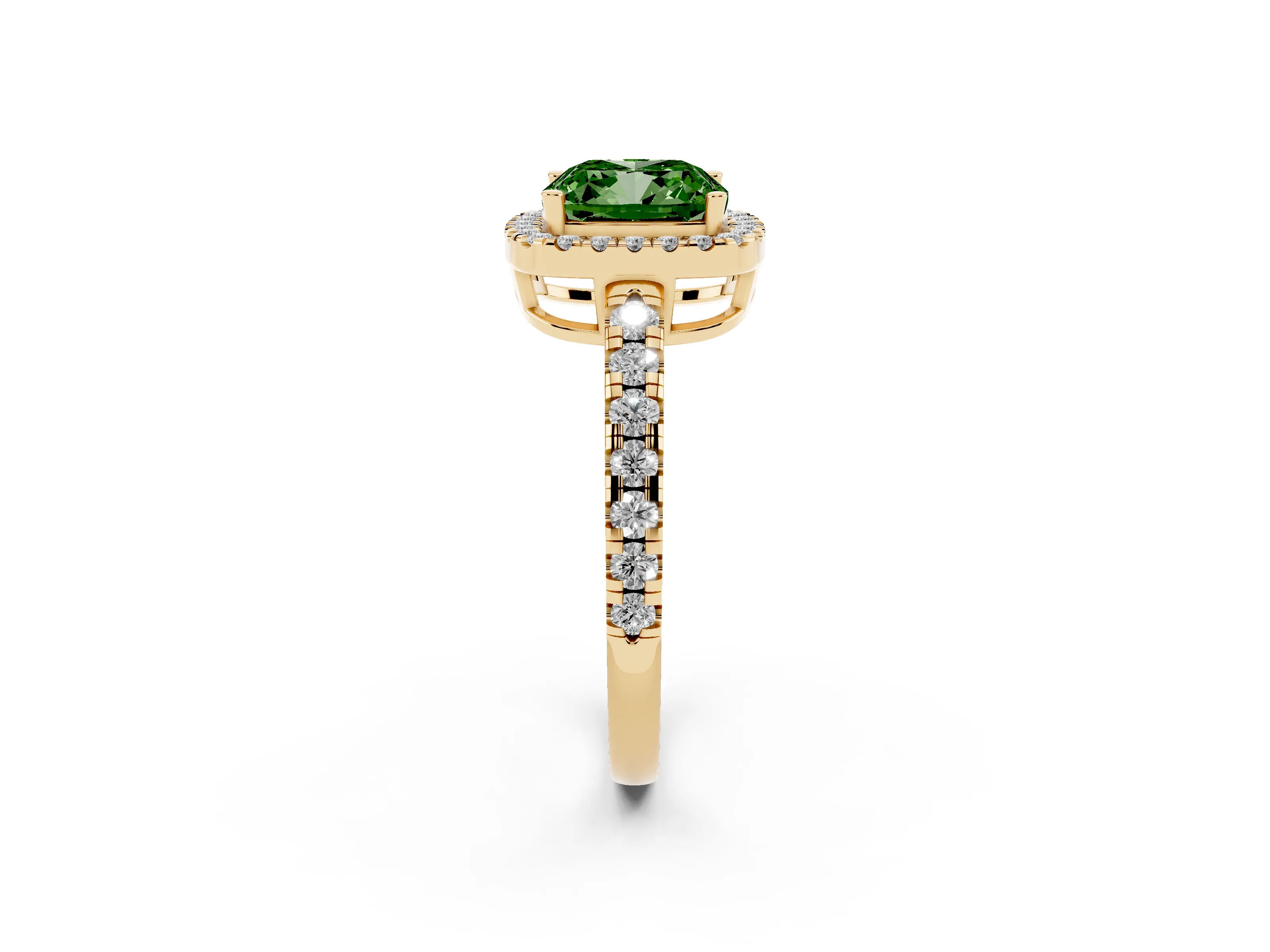 Fancy Green Cushion Cut Diamond Halo Ring Set in Yellow gold with Delicate Pavé Band and Prong Setting